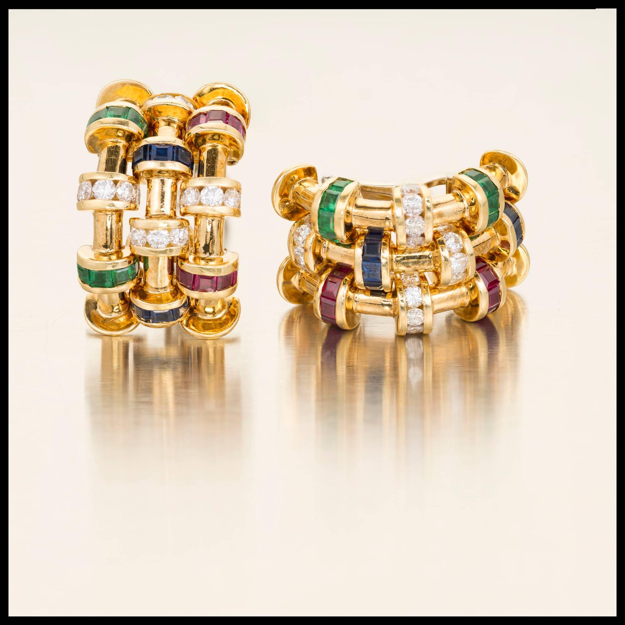 Charles Krypell Diamond Sapphire Ruby Emerald Gold Earrings In Good Condition In Stamford, CT