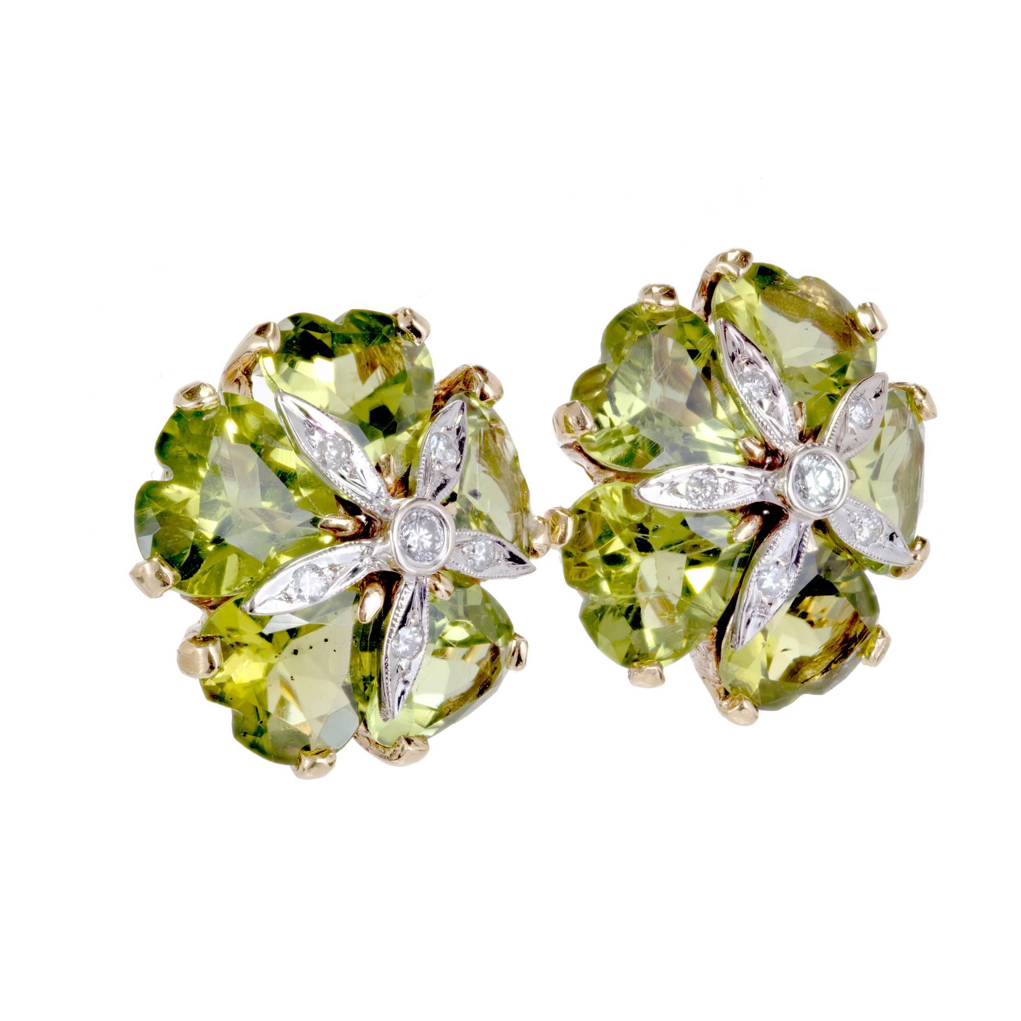 15.00 Carat Heart Shaped Peridot White Diamond Gold Clip Post Earrings In Good Condition In Stamford, CT
