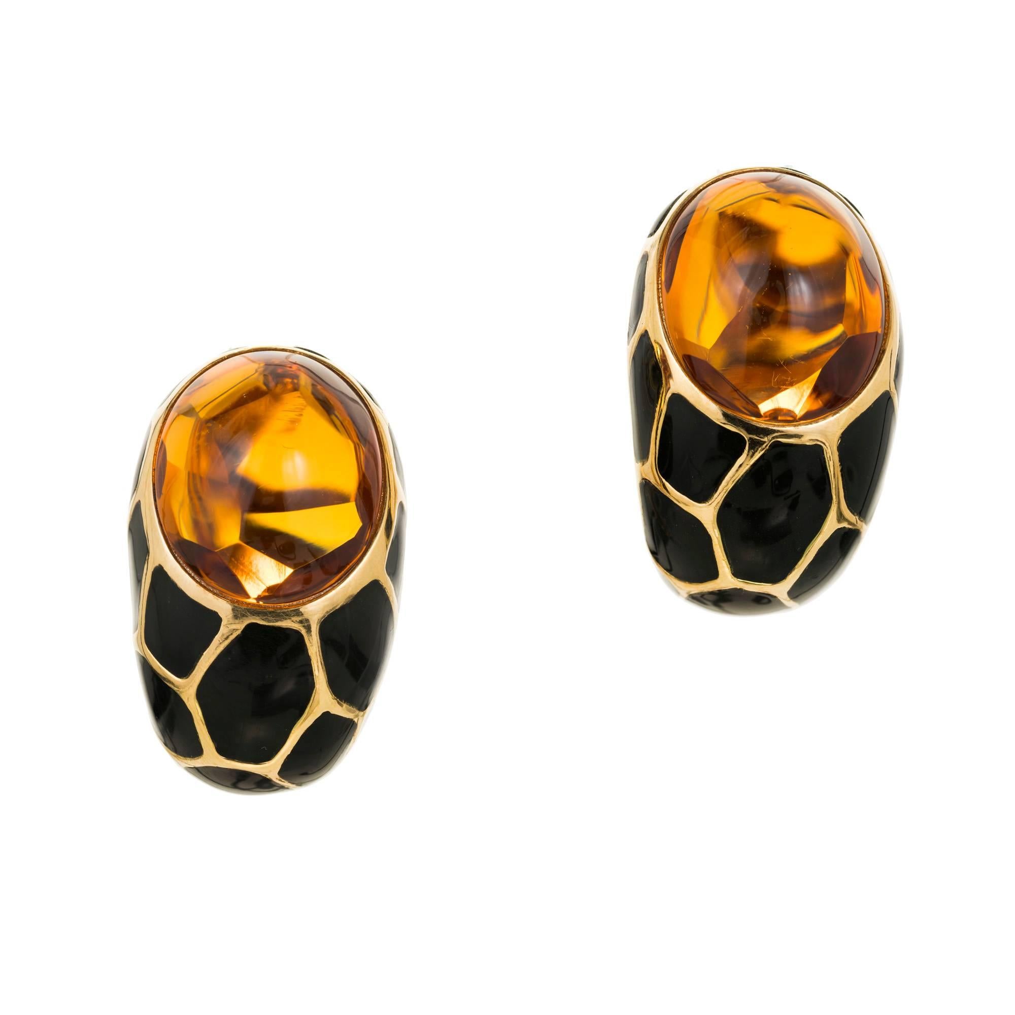 20.00 Carat Citrine Black Enamel Gold Curved Clip Post Earrings