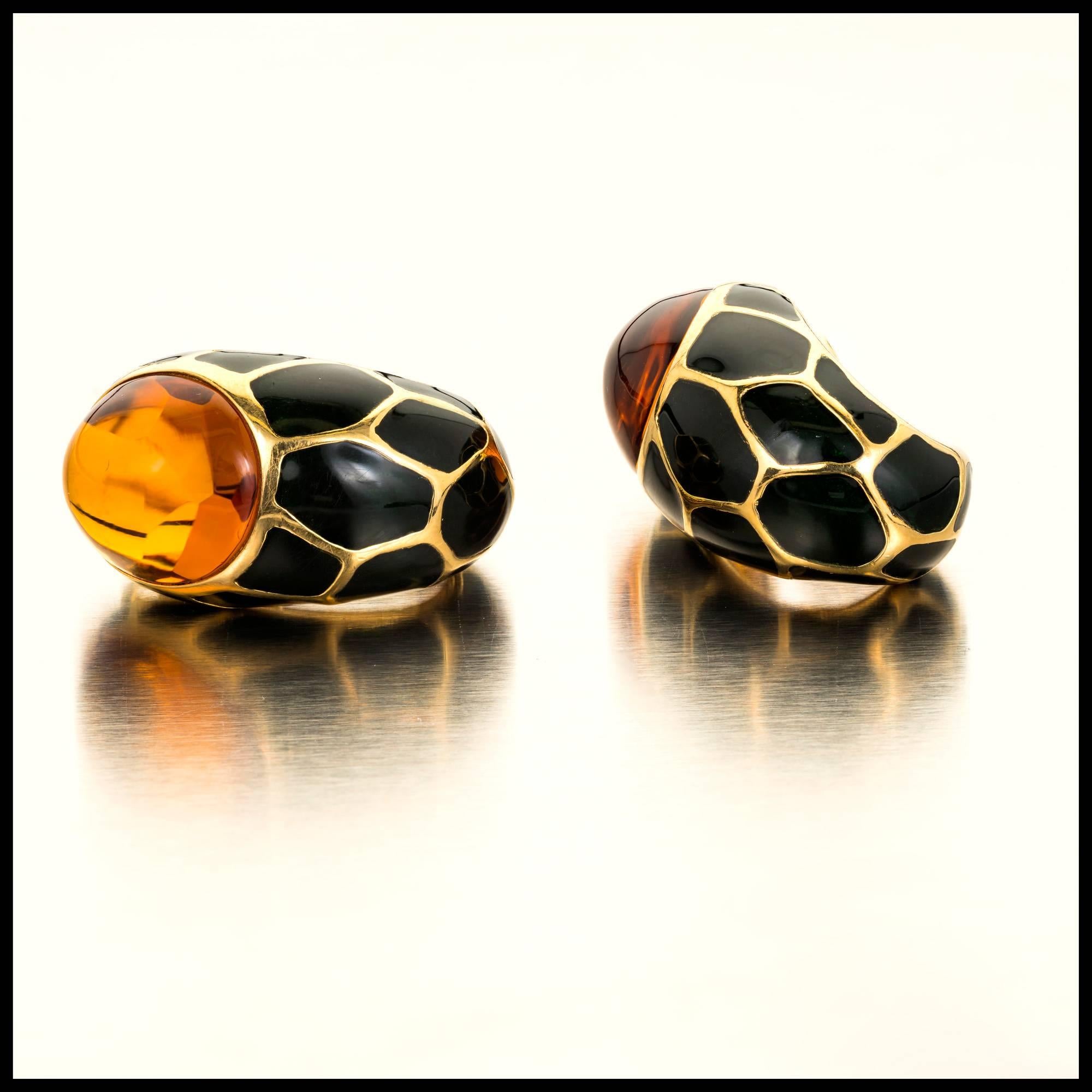 Oval Cut 20.00 Carat Citrine Black Enamel Gold Curved Clip Post Earrings For Sale