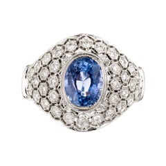Antique GIA Certified Natural Blue Sapphire Diamond Dome Cluster Cocktail Ring