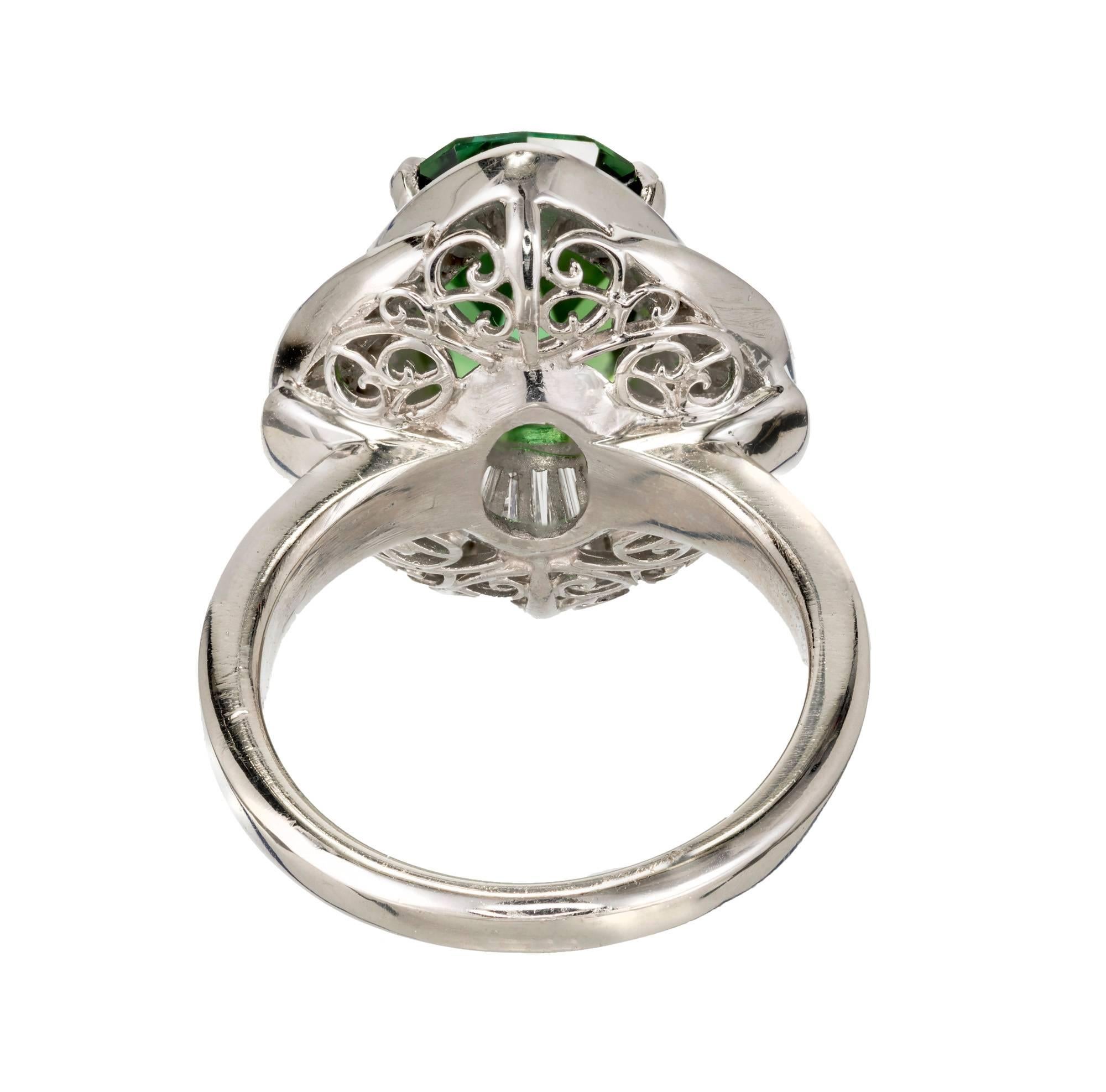 4.11 Carat Green Tourmaline Diamond Halo Platinum Cocktail Ring For Sale 2