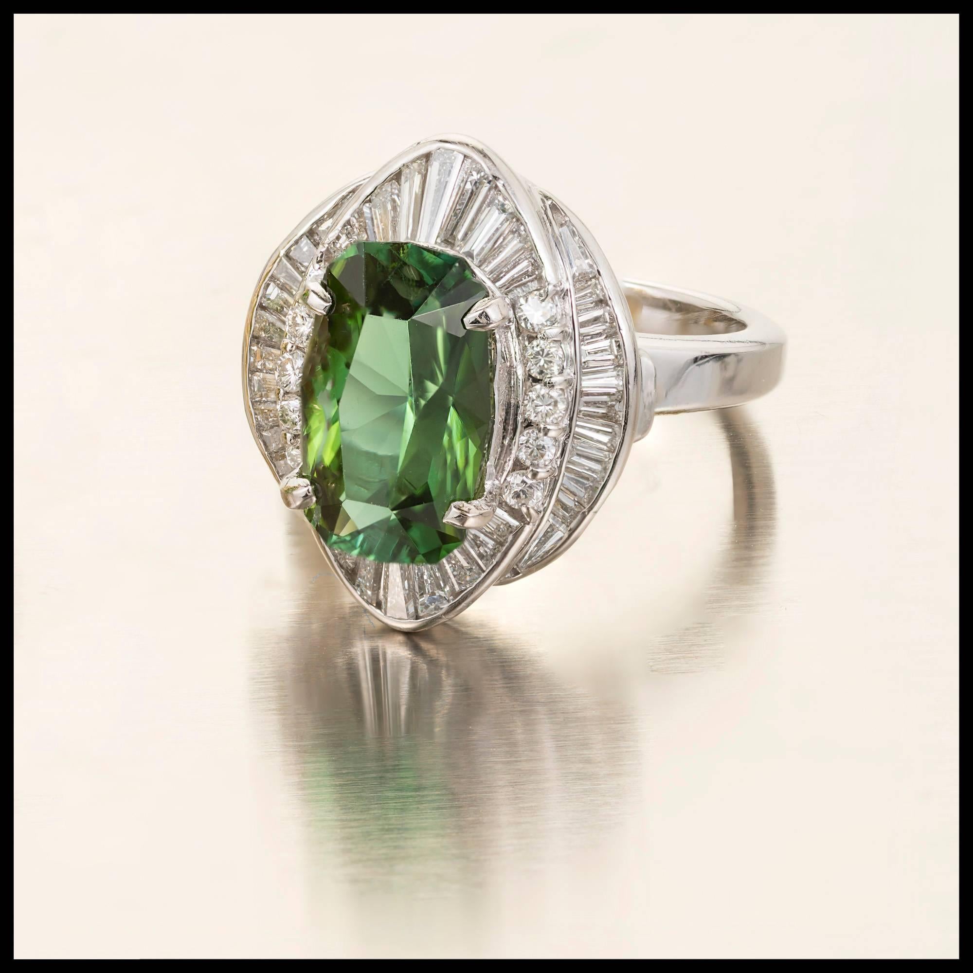 Emerald Cut 4.11 Carat Green Tourmaline Diamond Halo Platinum Cocktail Ring For Sale