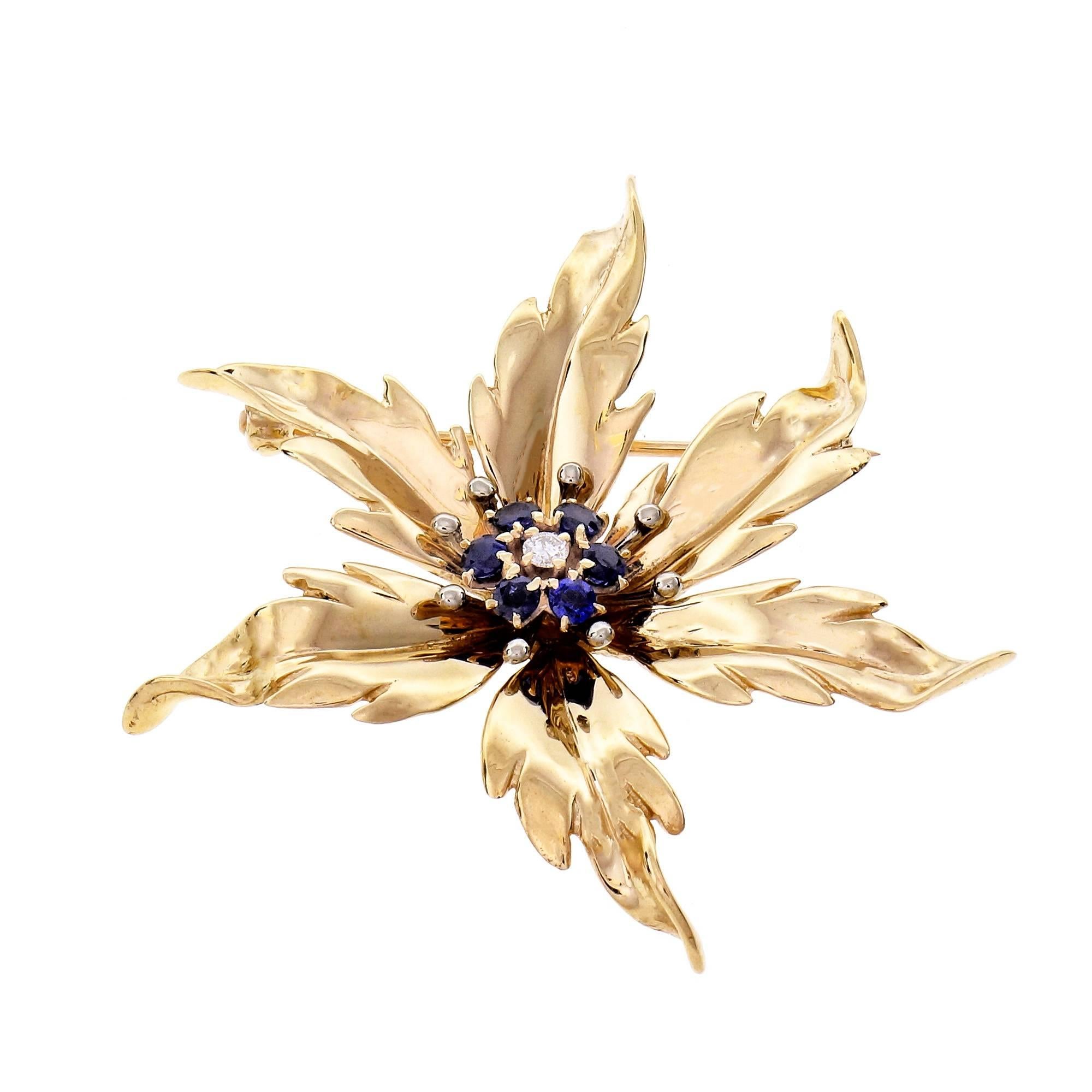 Tiffany & Co. Diamond Sapphire Gold Flower Brooch