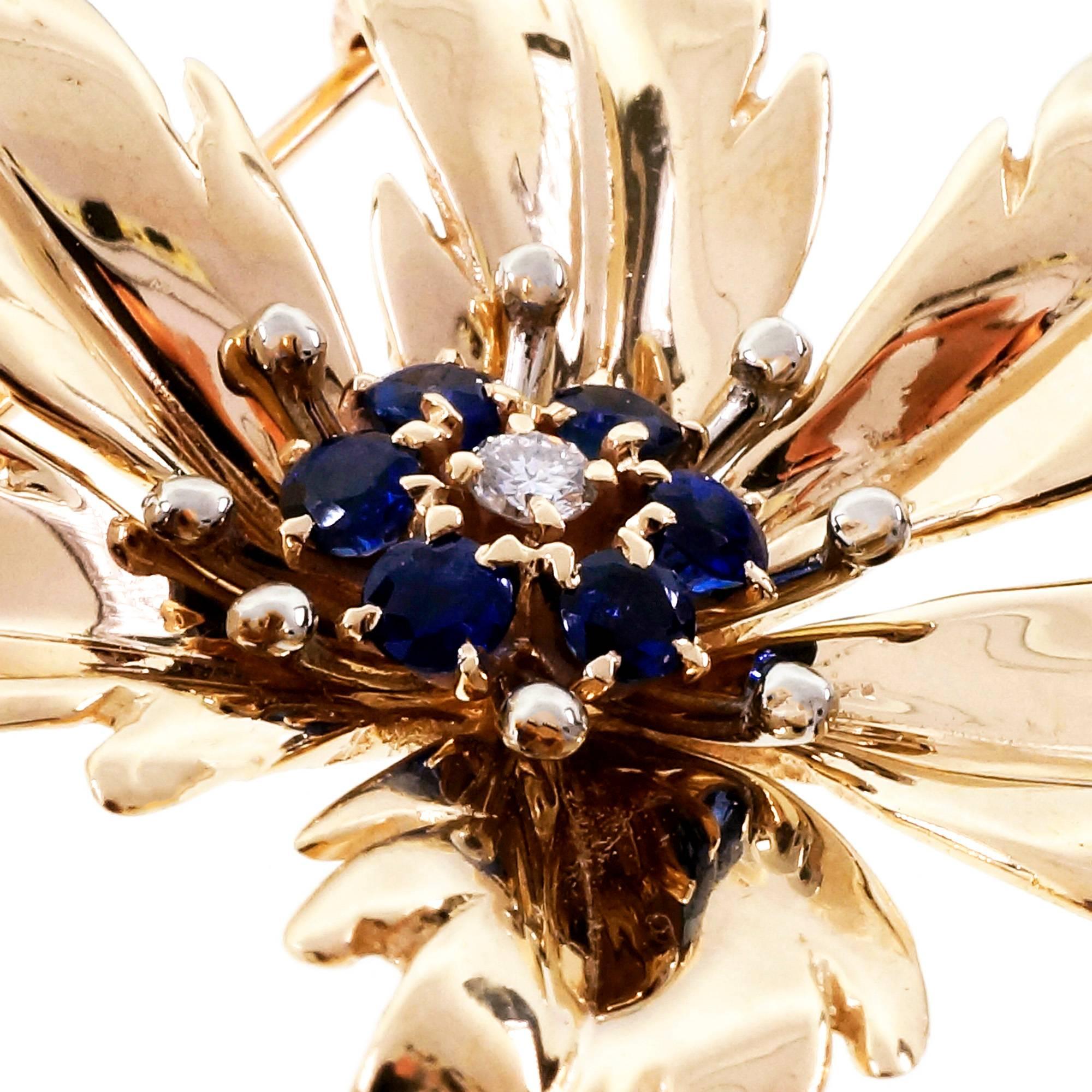 Round Cut Tiffany & Co. Diamond Sapphire Gold Flower Brooch