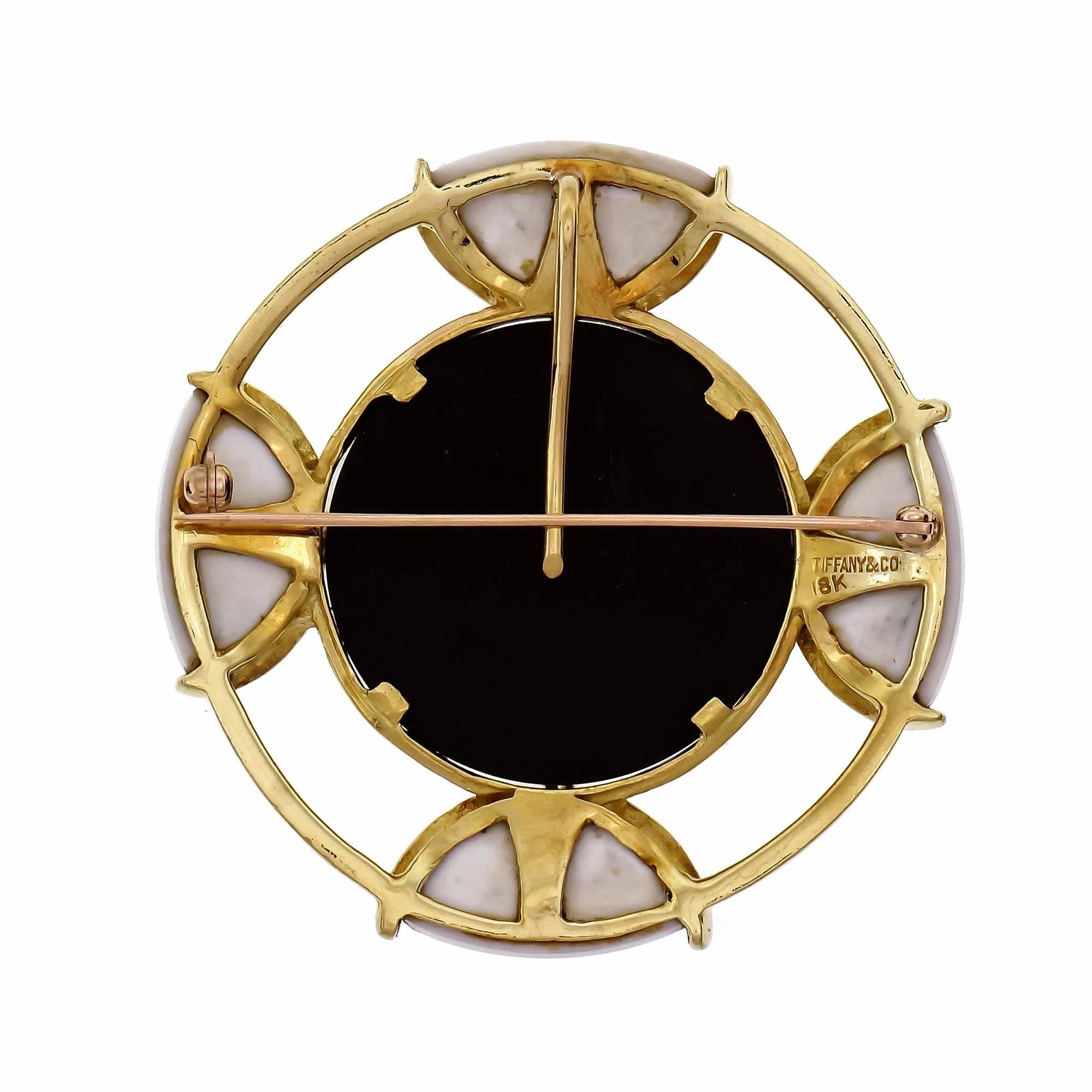 Round Cut Tiffany & Co. Onyx Pristine Gold Brooch Pendant For Sale