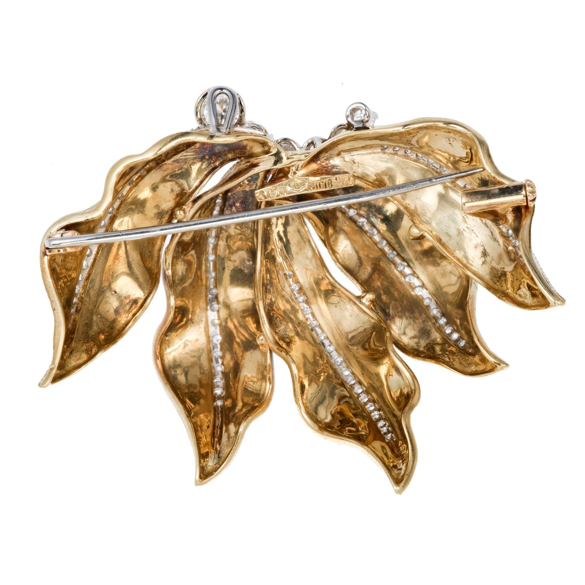 .62 Diamond Mid-Century Textured Gold Leaf Brooch In Good Condition In Stamford, CT