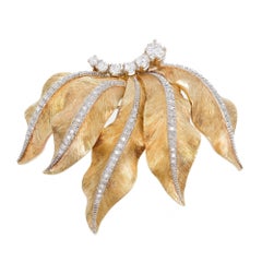 .62 Diamond Mid-Century Textured Gold Leaf Brooch