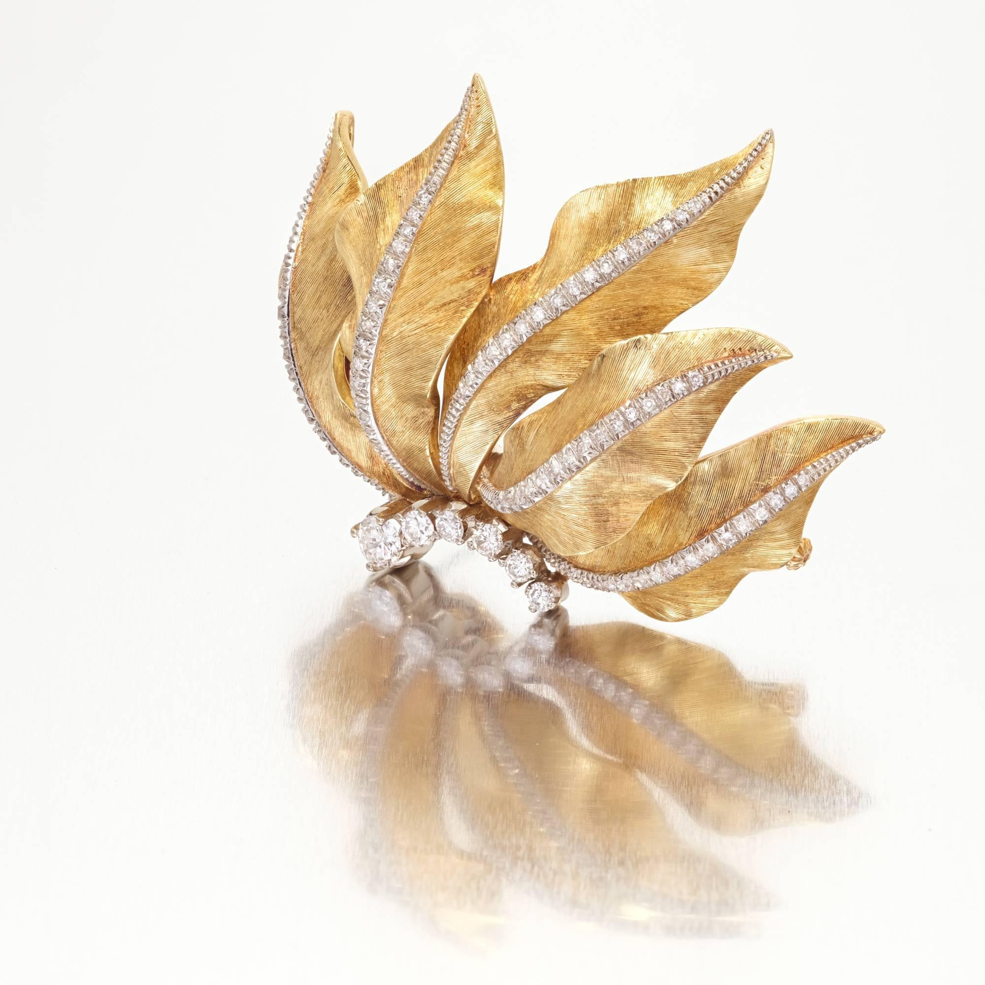 Round Cut .62 Diamond Mid-Century Textured Gold Leaf Brooch