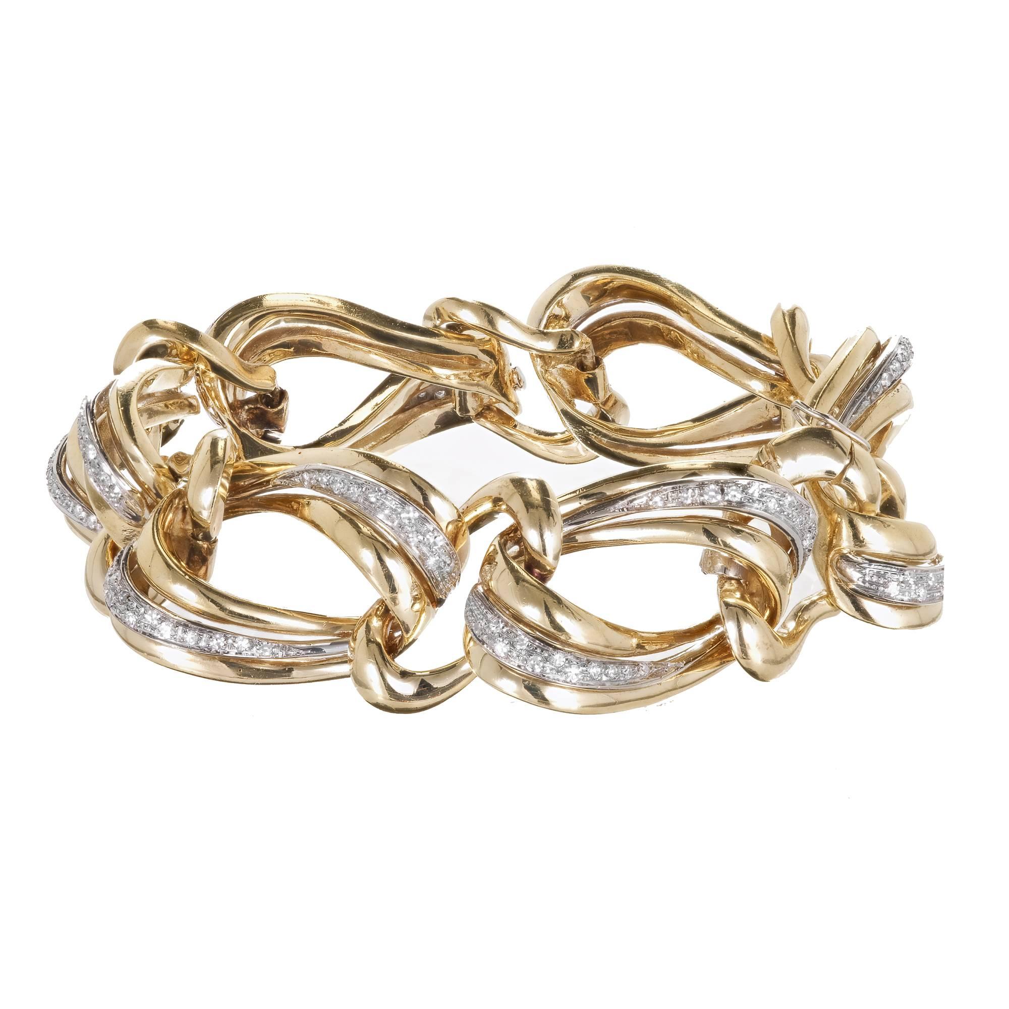 .85 Carat Pave Diamond Gold Swirl Link Bracelet