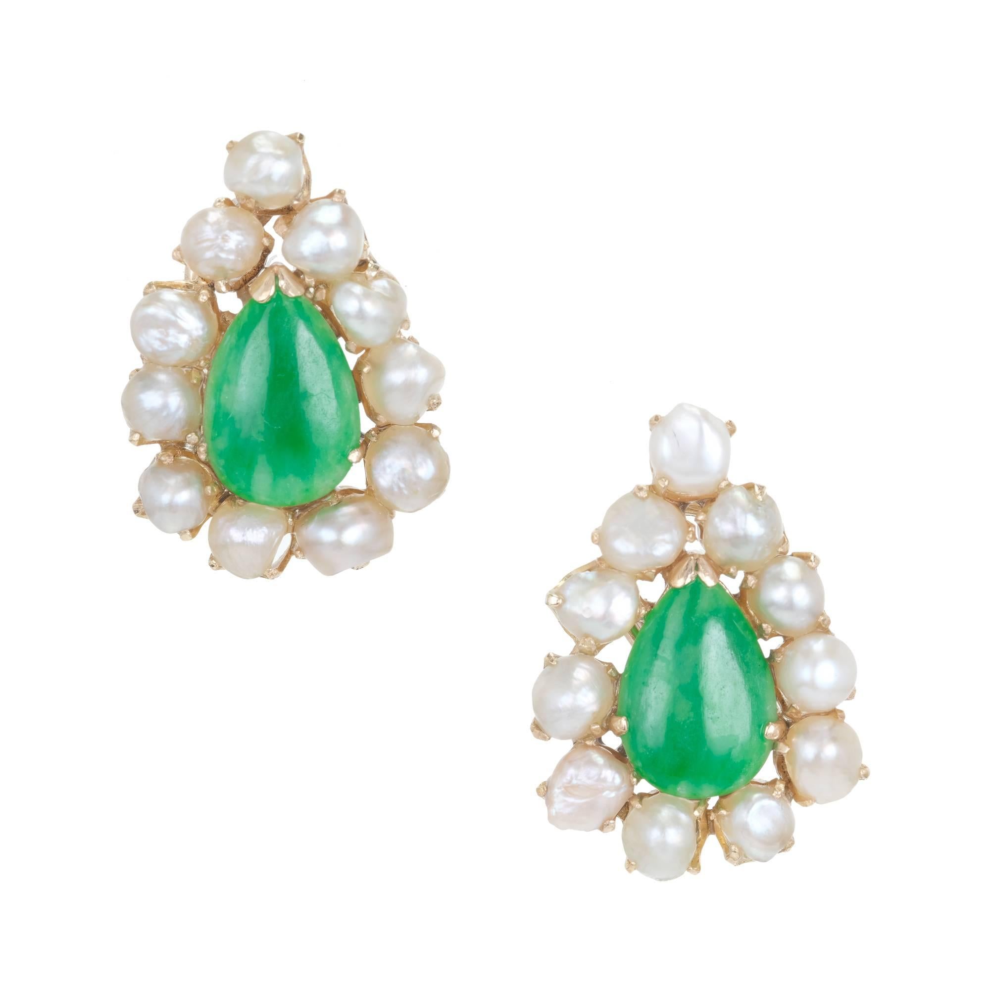 Natural Pear Shaped Jadeite Jade Natural Pearl Gold Clip Post Earrings