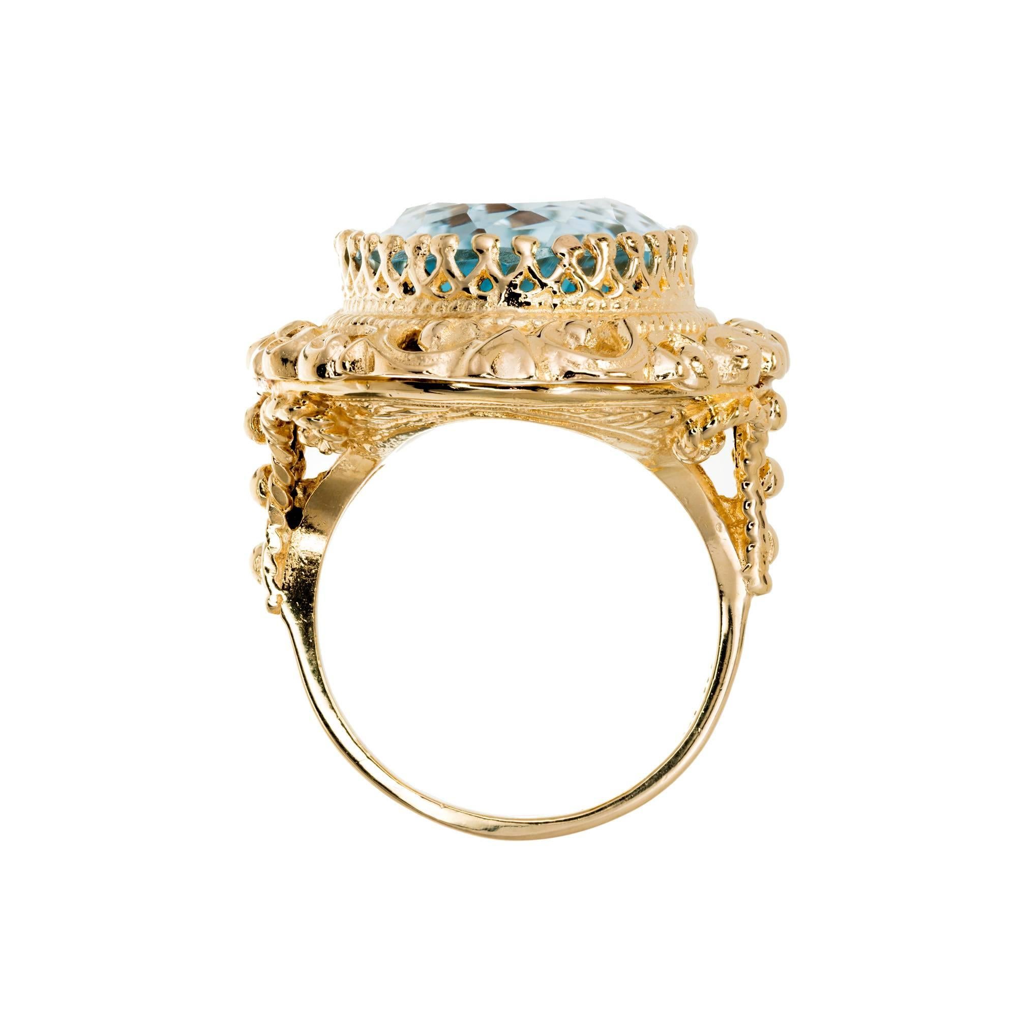 18.00 Carat Oval Bright Blue Topaz Gold Cocktail Ring For Sale 2