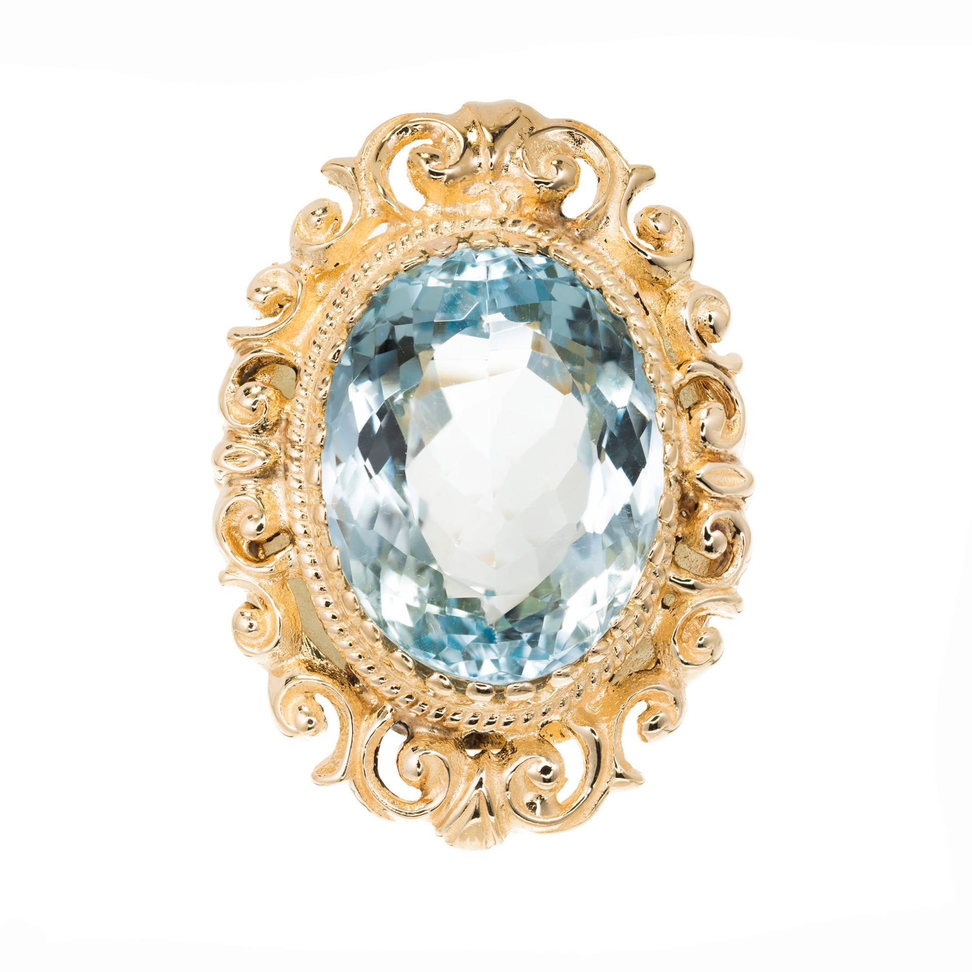 18.00 Carat Oval Bright Blue Topaz Gold Cocktail Ring For Sale