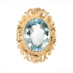 18.00 Carat Oval Bright Blue Topaz Gold Cocktail Ring