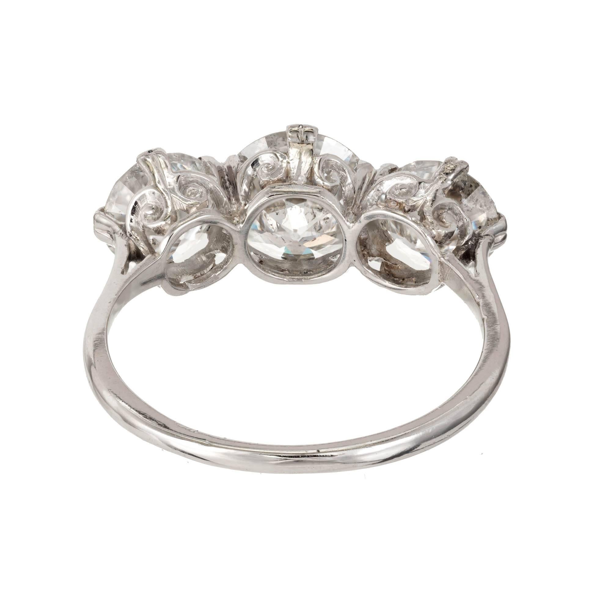 Women's 3.36 Carat Three-Stone Art Deco Diamond Platinum Engagement Ring