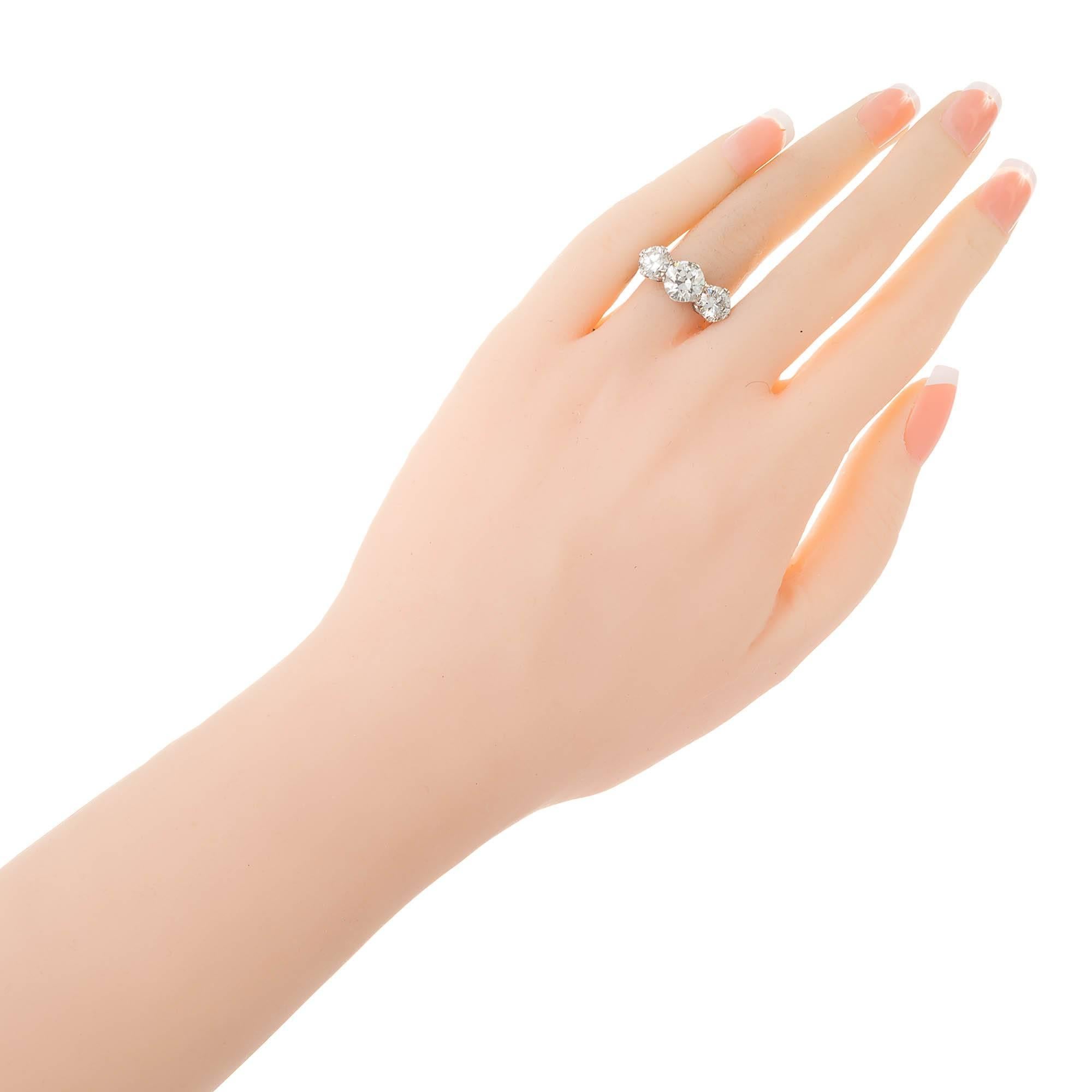 3.36 Carat Three-Stone Art Deco Diamond Platinum Engagement Ring In Good Condition In Stamford, CT