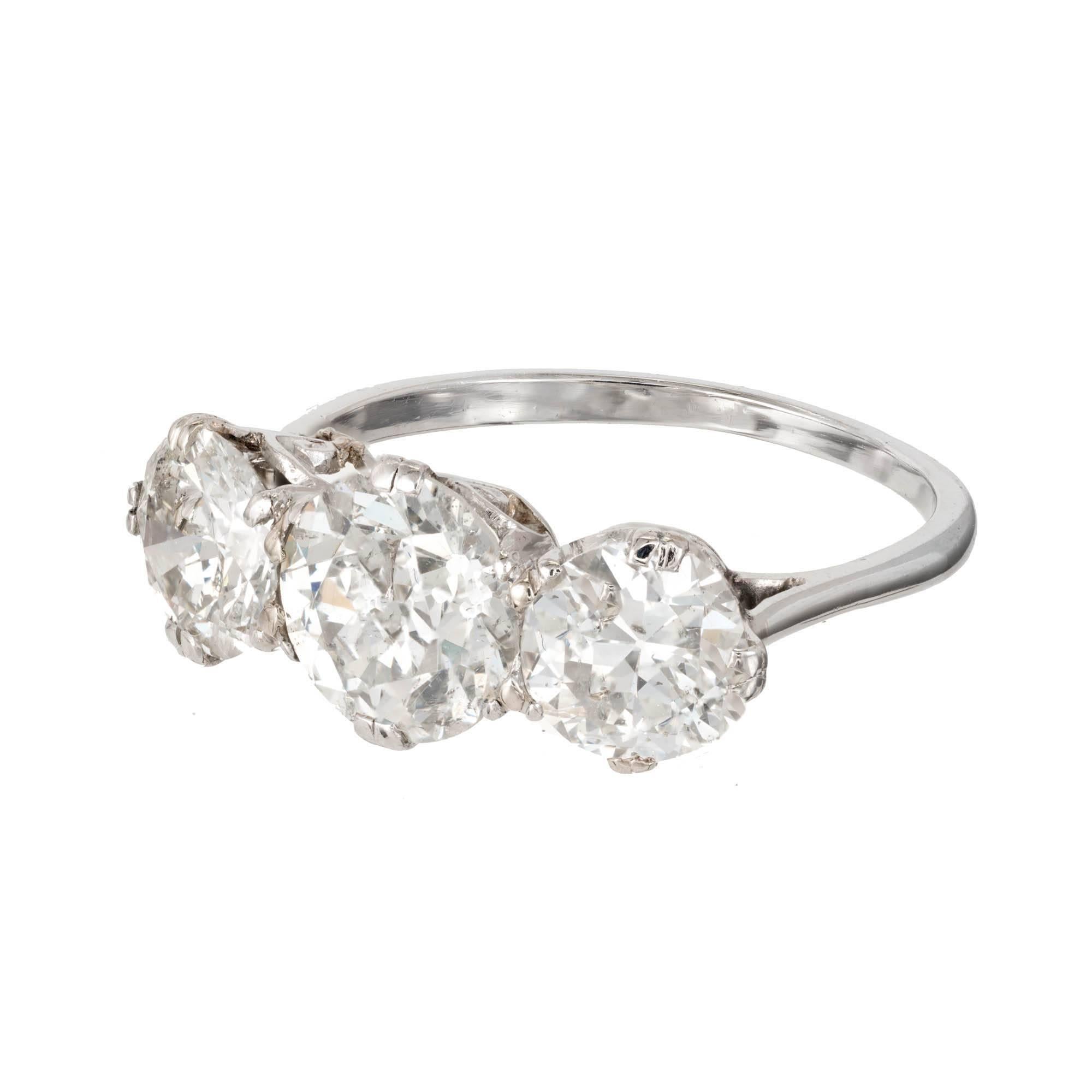 Old European Cut 3.36 Carat Three-Stone Art Deco Diamond Platinum Engagement Ring