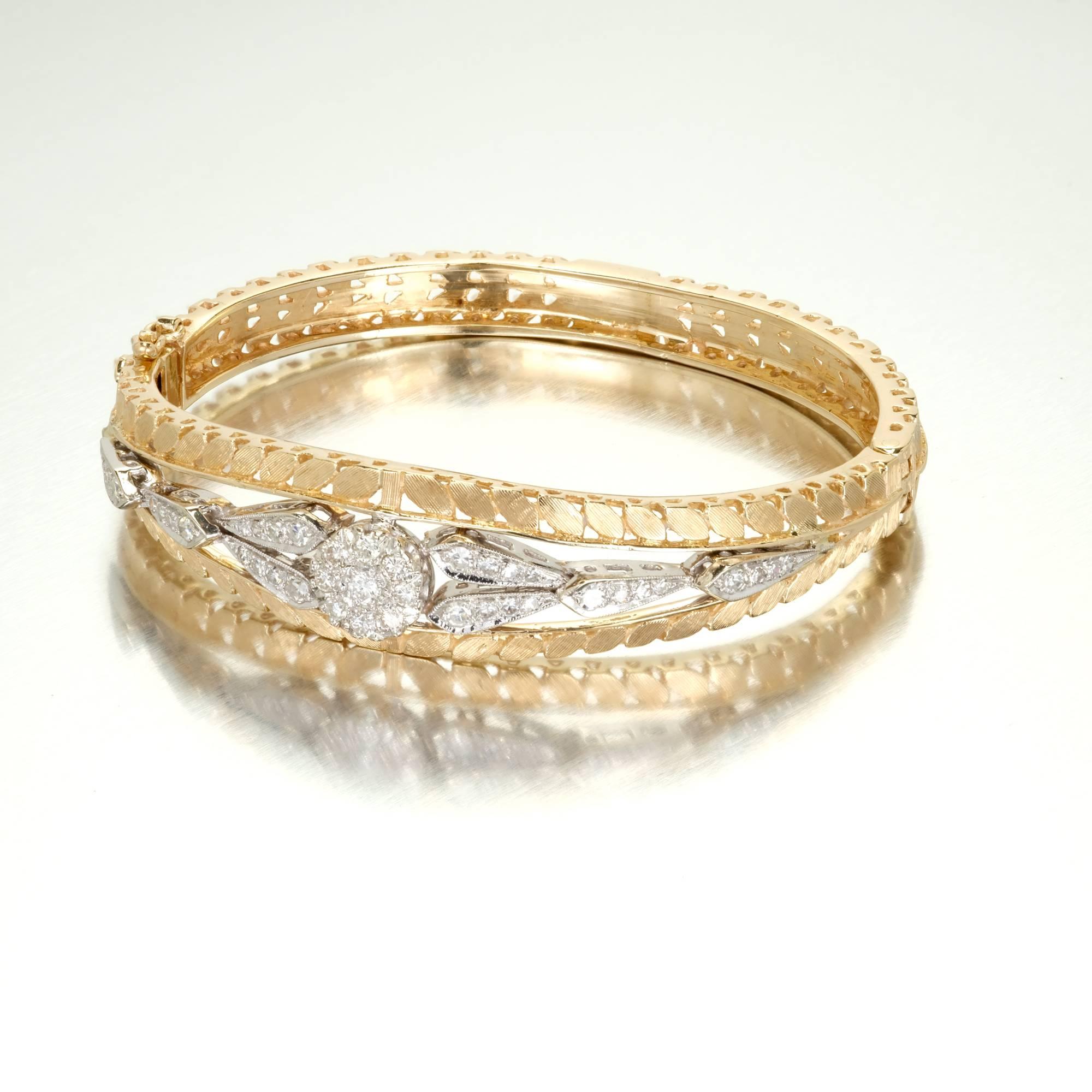 Women's .86 Carat Diamond Pierced Engraved Gold Hinged Bangle Bracelet For Sale