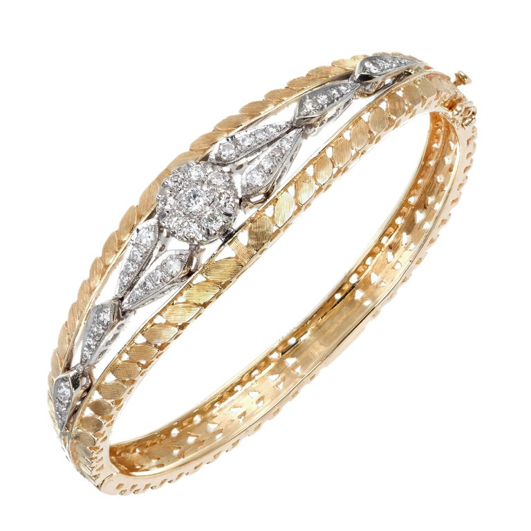 .86 Carat Diamond Pierced Engraved Gold Hinged Bangle Bracelet For Sale
