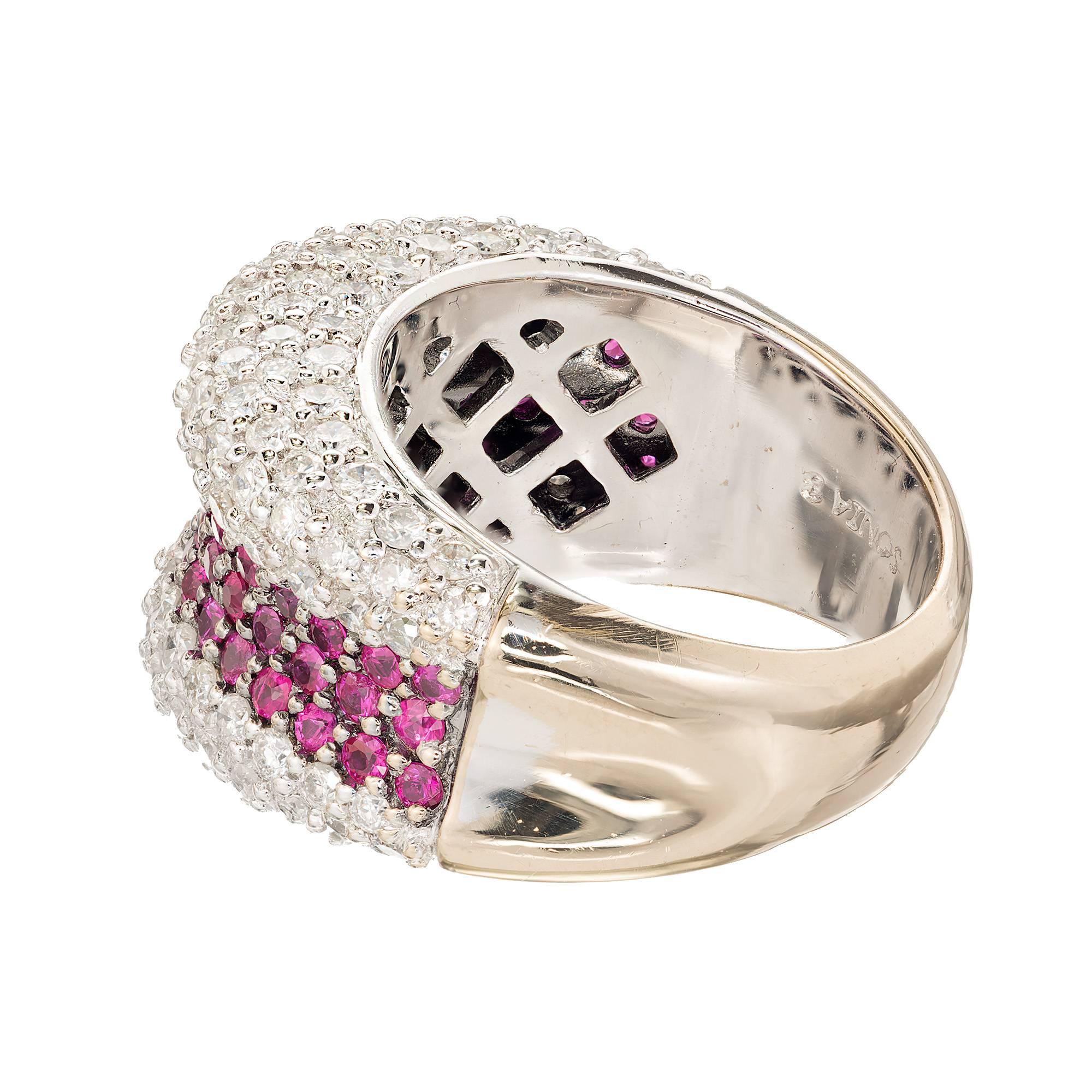 Round Cut Sonia B Ruby Diamond Gold Dome Cocktail Band Ring For Sale