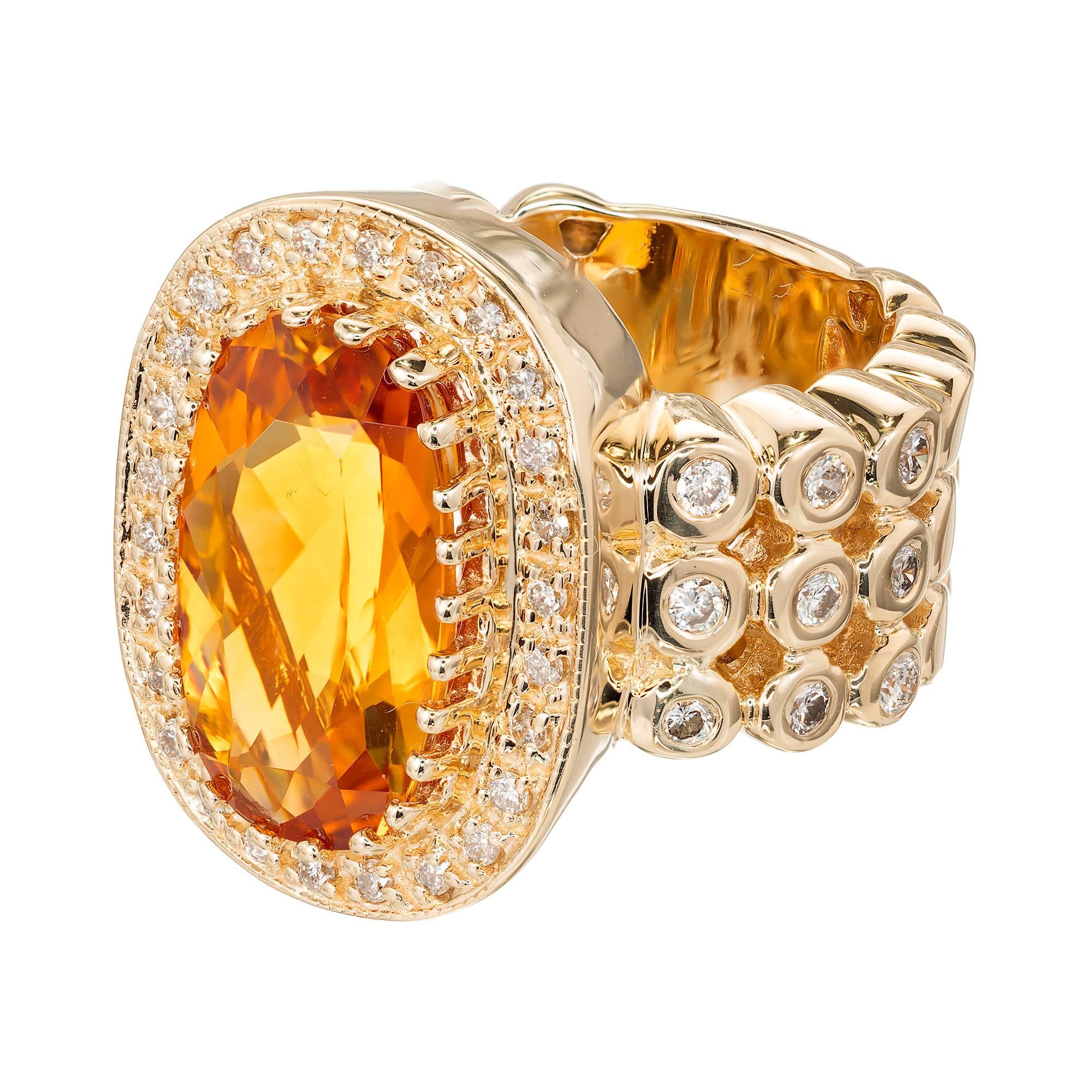 Authentic Sonia B golden yellow Citrine and bright white diamond large 14k gold cocktail ring.

1 oval fine Citrine 15.5 x 10 x 5.8mm, approx. total weight 6.0cts
44 full cut diamonds approx. total weight .71cts, G, VS2-SI1
Size 6 1/2 and