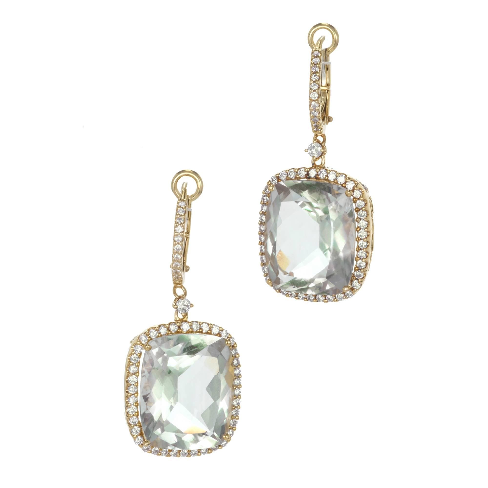 15.70 Carat Blue Green Quartz Diamond Gold Dangle Earrings