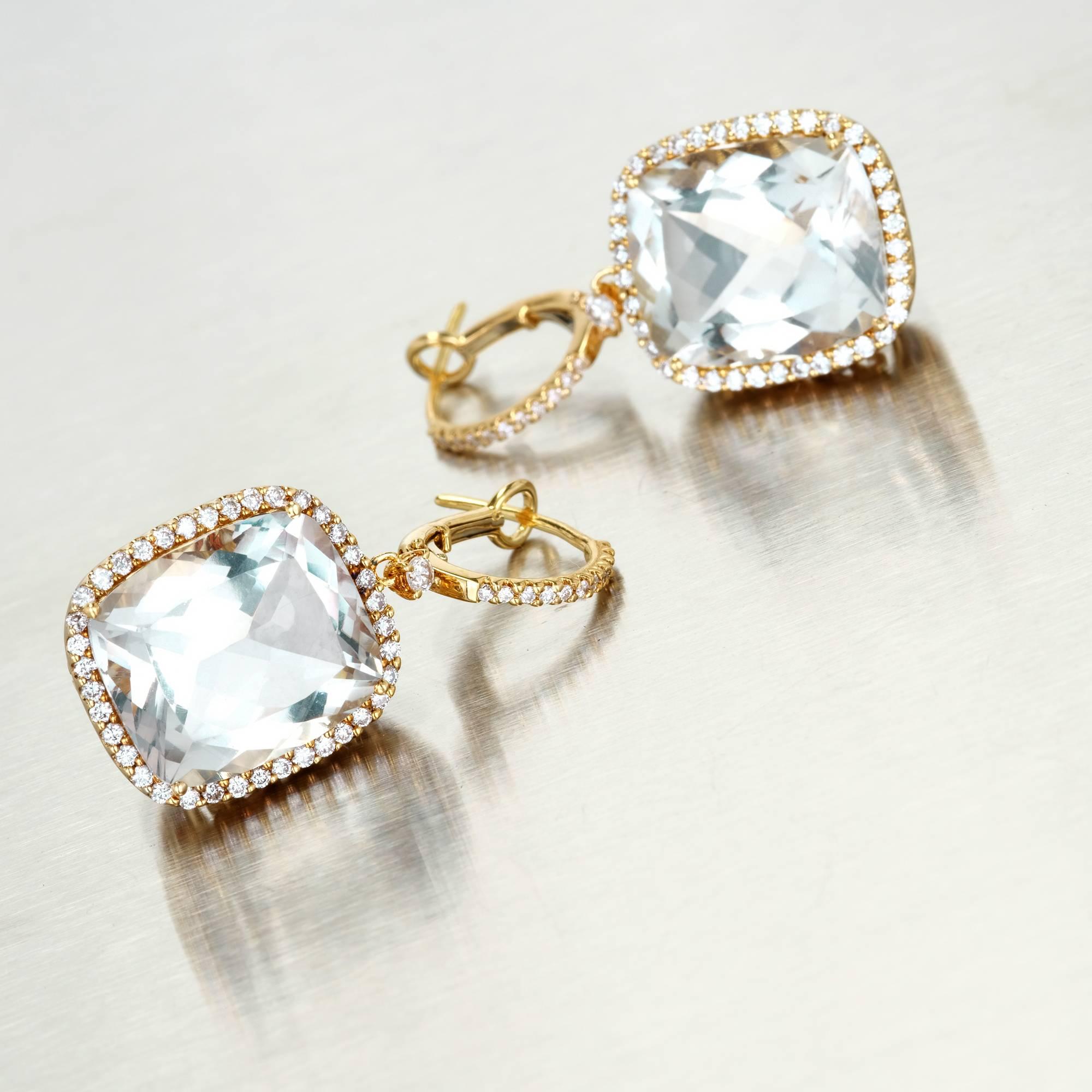 Pendants d'oreilles en or avec diamants et quartz bleu vert de 15,70 carats Bon état - En vente à Stamford, CT