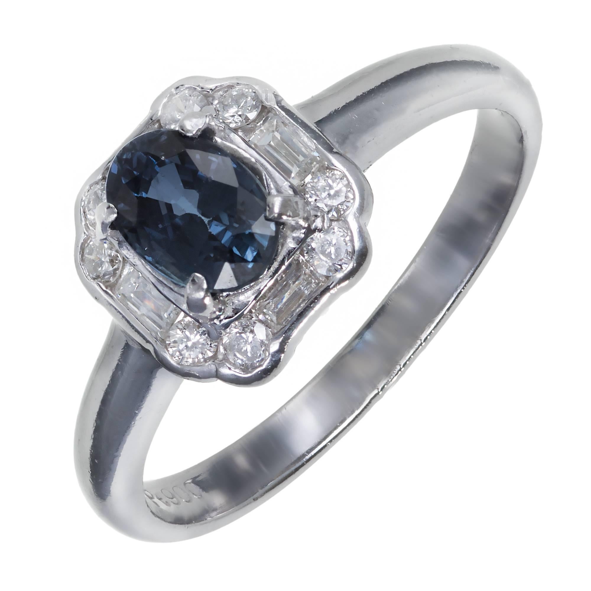 Women's Ceylon .80 Carat Oval Sapphire Round Diamond Platinum Engagement Ring For Sale