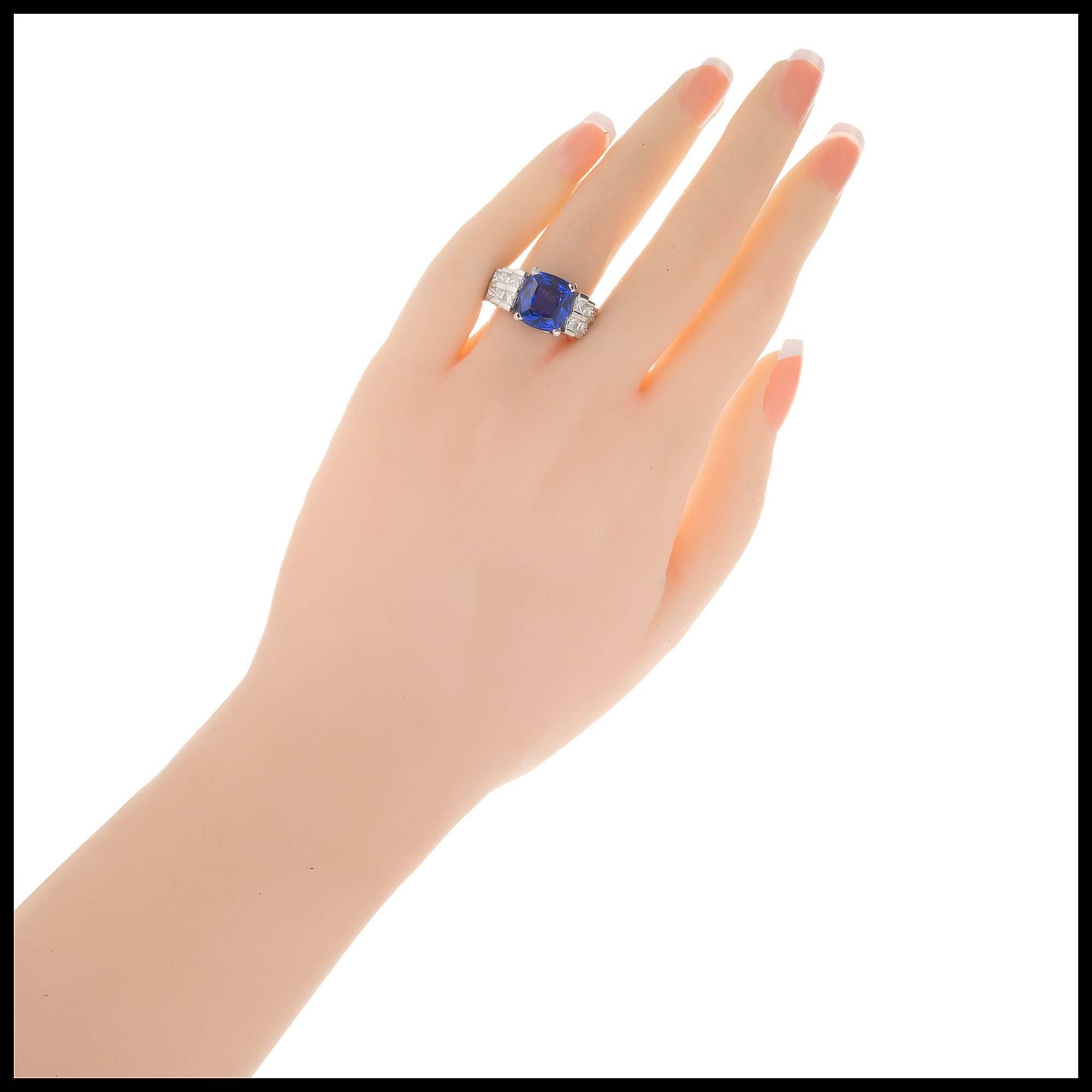 Cushion Cut Peter Suchy 6.38 Carat Blue Tanzanite Princess Diamond Platinum Engagement Ring