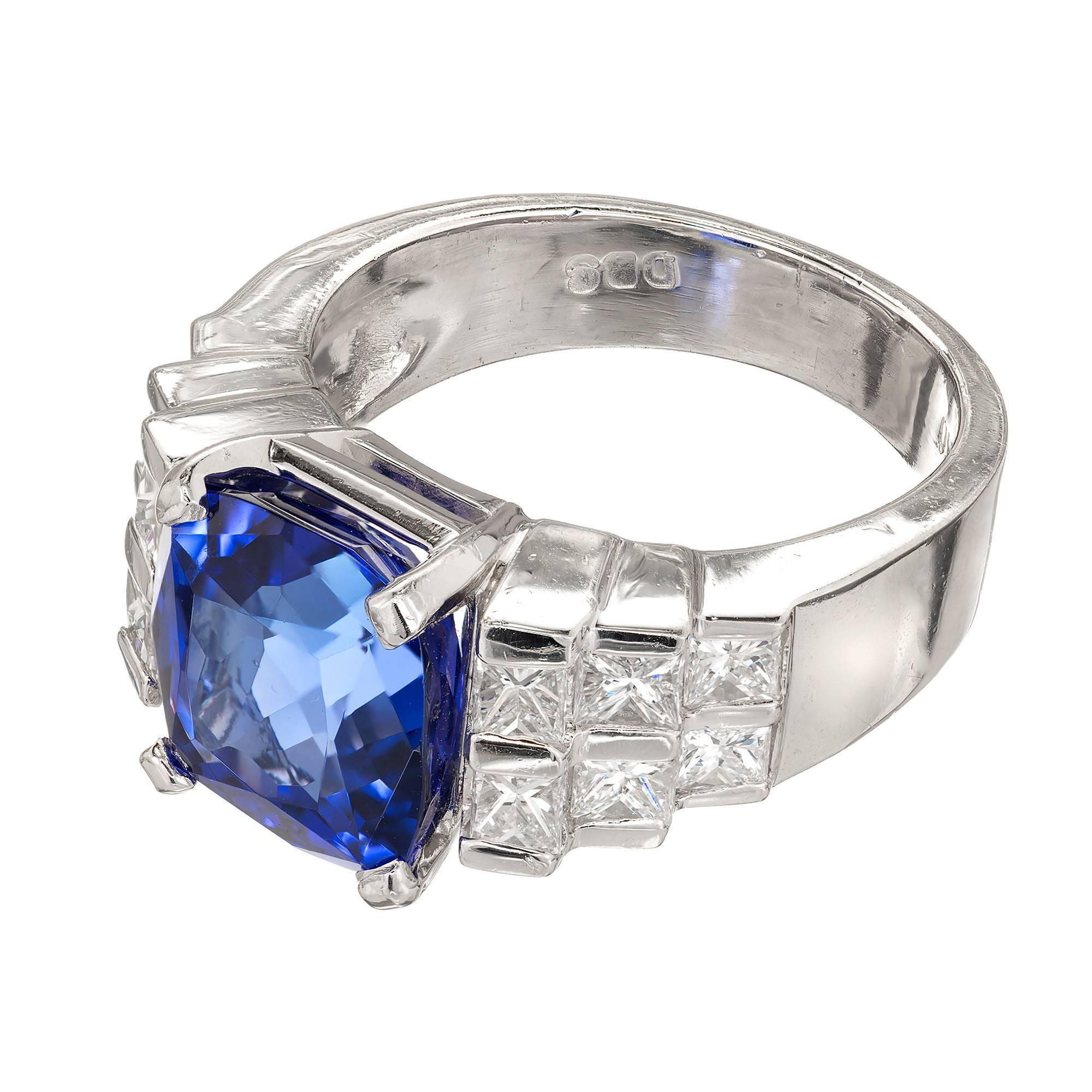 Peter Suchy 6.38 Carat Blue Tanzanite Princess Diamond Platinum Engagement Ring In Good Condition In Stamford, CT