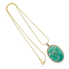 Amazonite Diamond Halo Gold Pendant Necklace