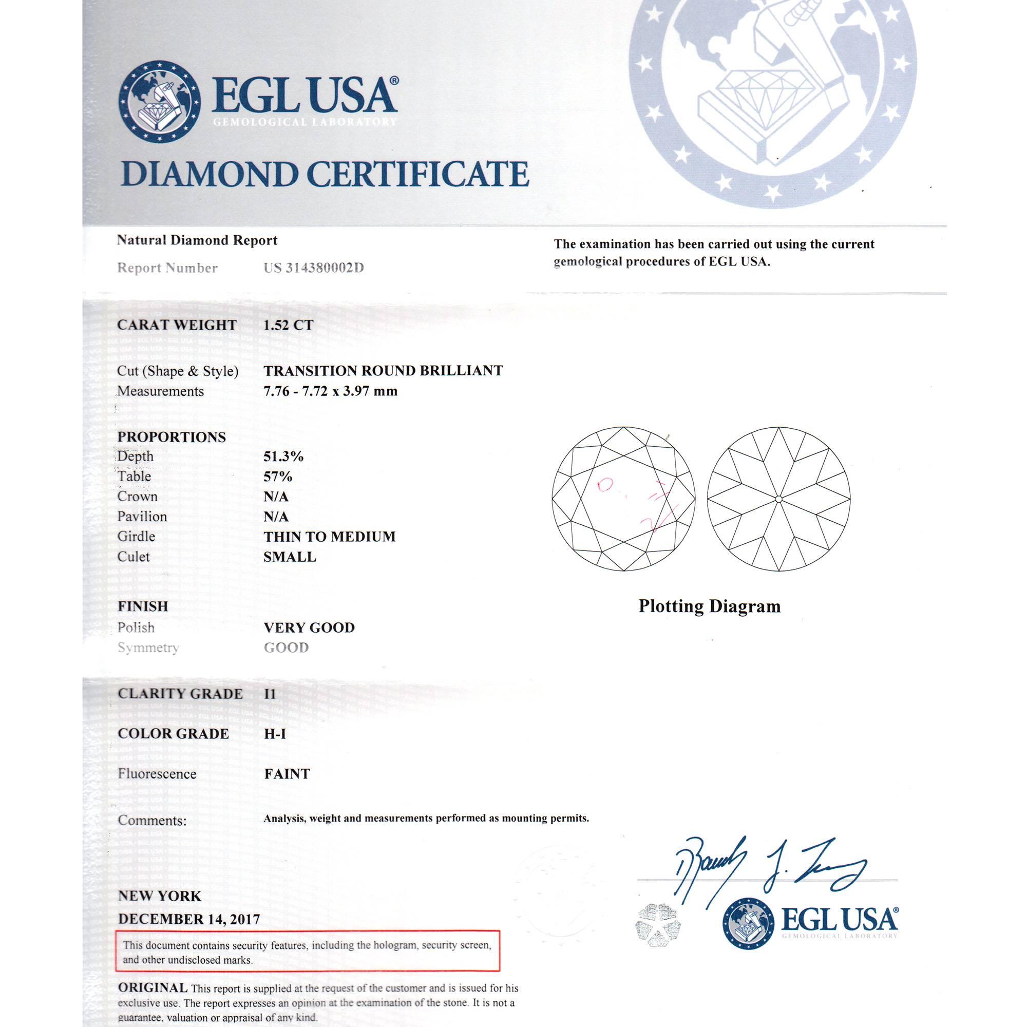 Round Cut EGL Certified 1.52 Carat Diamond Engagement Ring