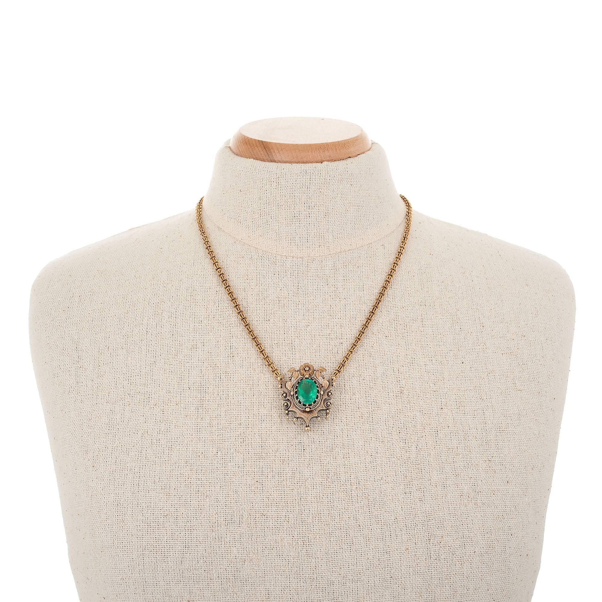 Women's GIA Certified 4.50 Carat Oval Emerald Victorian Gold Pendant Necklace For Sale