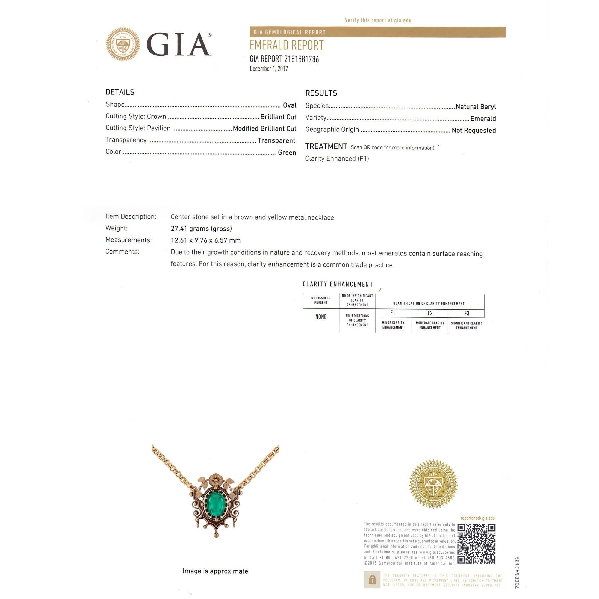 GIA Certified 4.50 Carat Oval Emerald Victorian Gold Pendant Necklace  In Good Condition For Sale In Stamford, CT