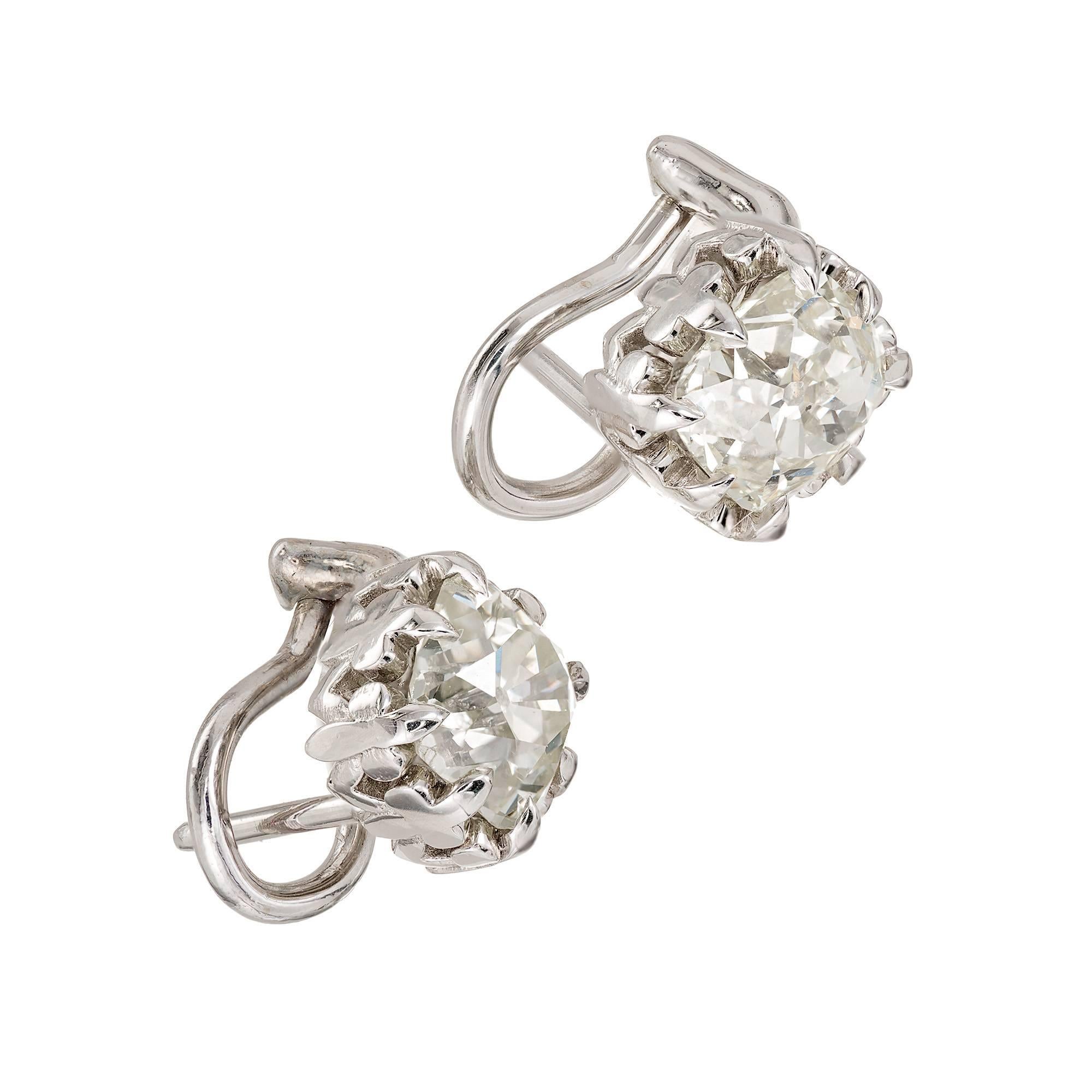 Peter Suchy diamond platinum clip post fancy gallery old mine cushion cut diamond earrings. 3.10 carats total with safe and secure clip and post.  

1 cushion modified brilliant cut diamond S-T, I approximate 1.60 carats.  GIA Certificate #