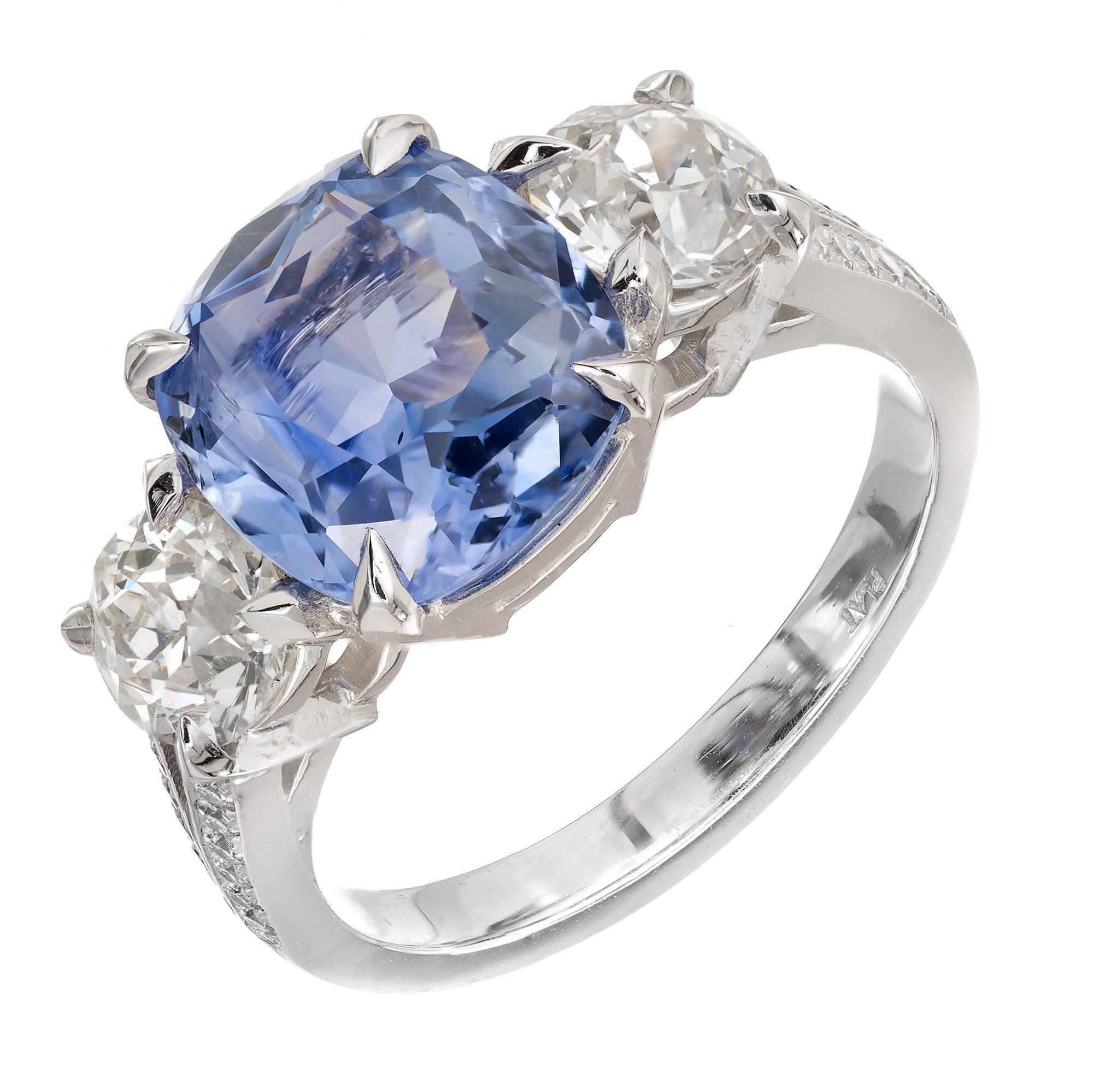 Peter Suchy GIA 4.34 Carat Cushion Sapphire Platinum Three-Stone Engagement Ring For Sale