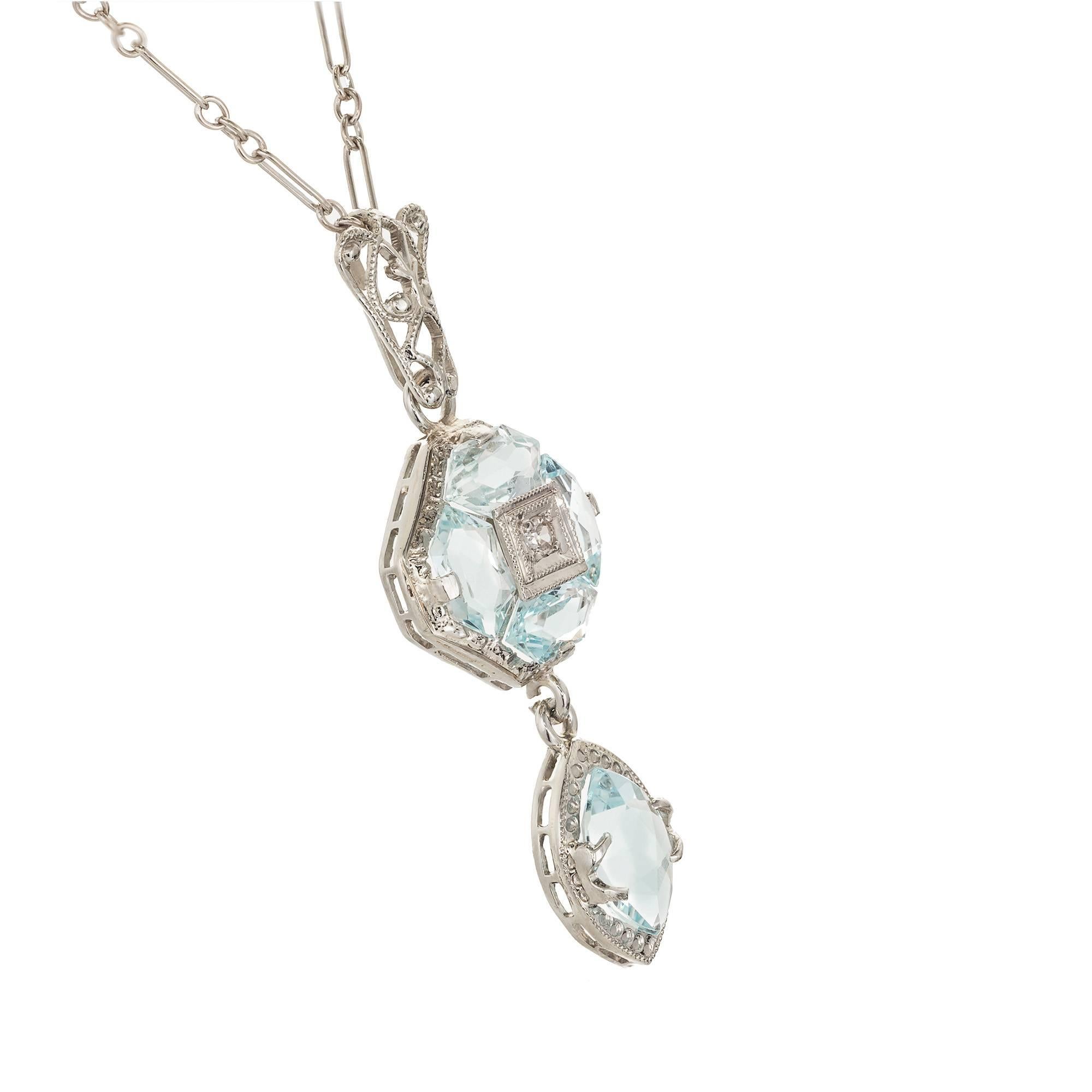 All original 1940s Art Deco genuine natural Aqua and diamond drop pendant necklace in 14k white gold with original chain. 

1 Marquise Aquamarine, approx. total weight .45cts
4 shield Aquamarines, approx. total weight 1.00cts
1 round diamond,