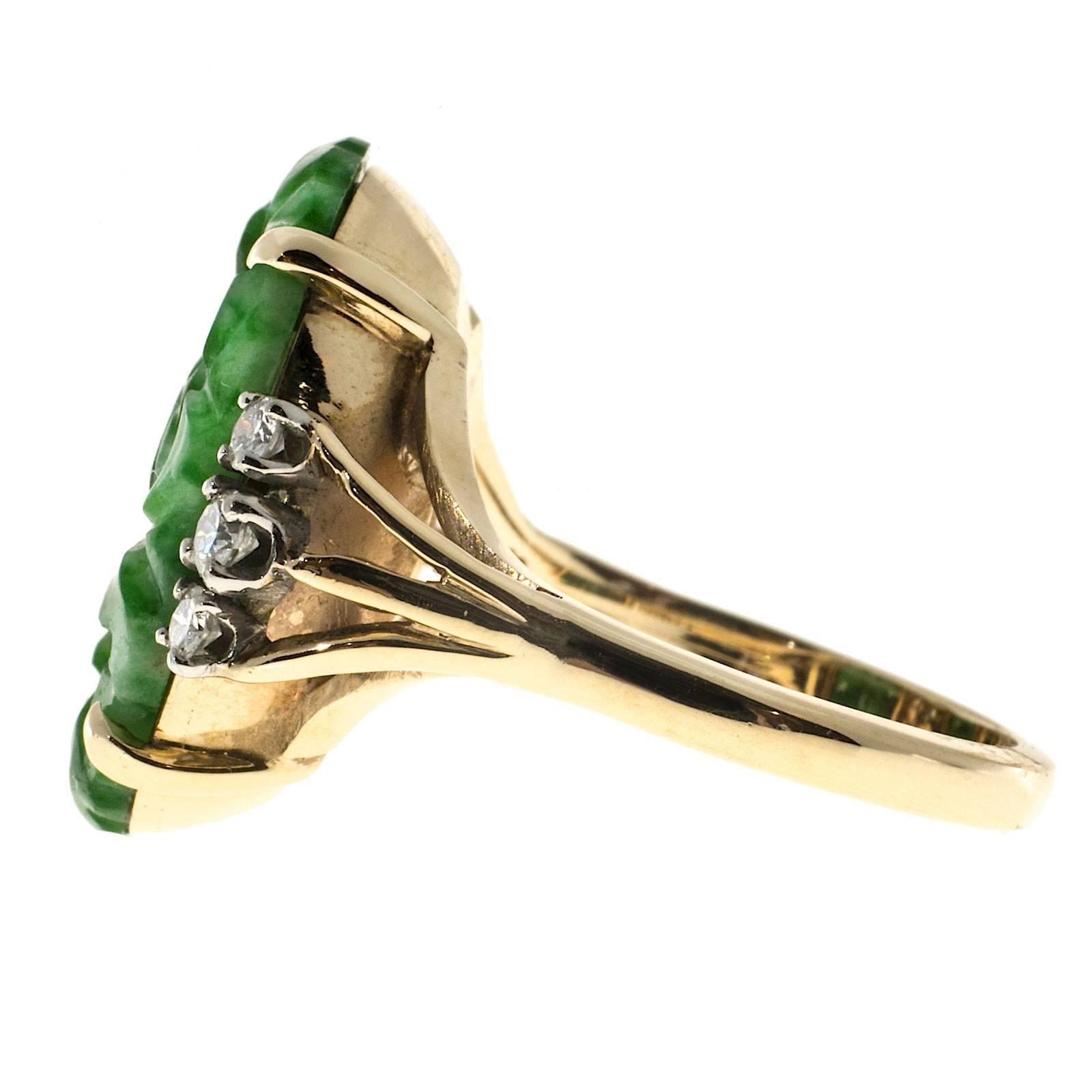 Women's Mid-Century Carved Natural Green Jadeite Jade and Diamond Gold Ring