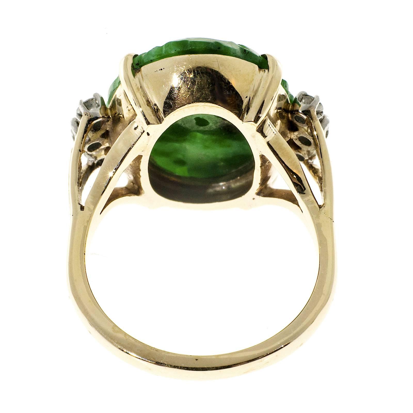 Mid-Century Carved Natural Green Jadeite Jade and Diamond Gold Ring 2