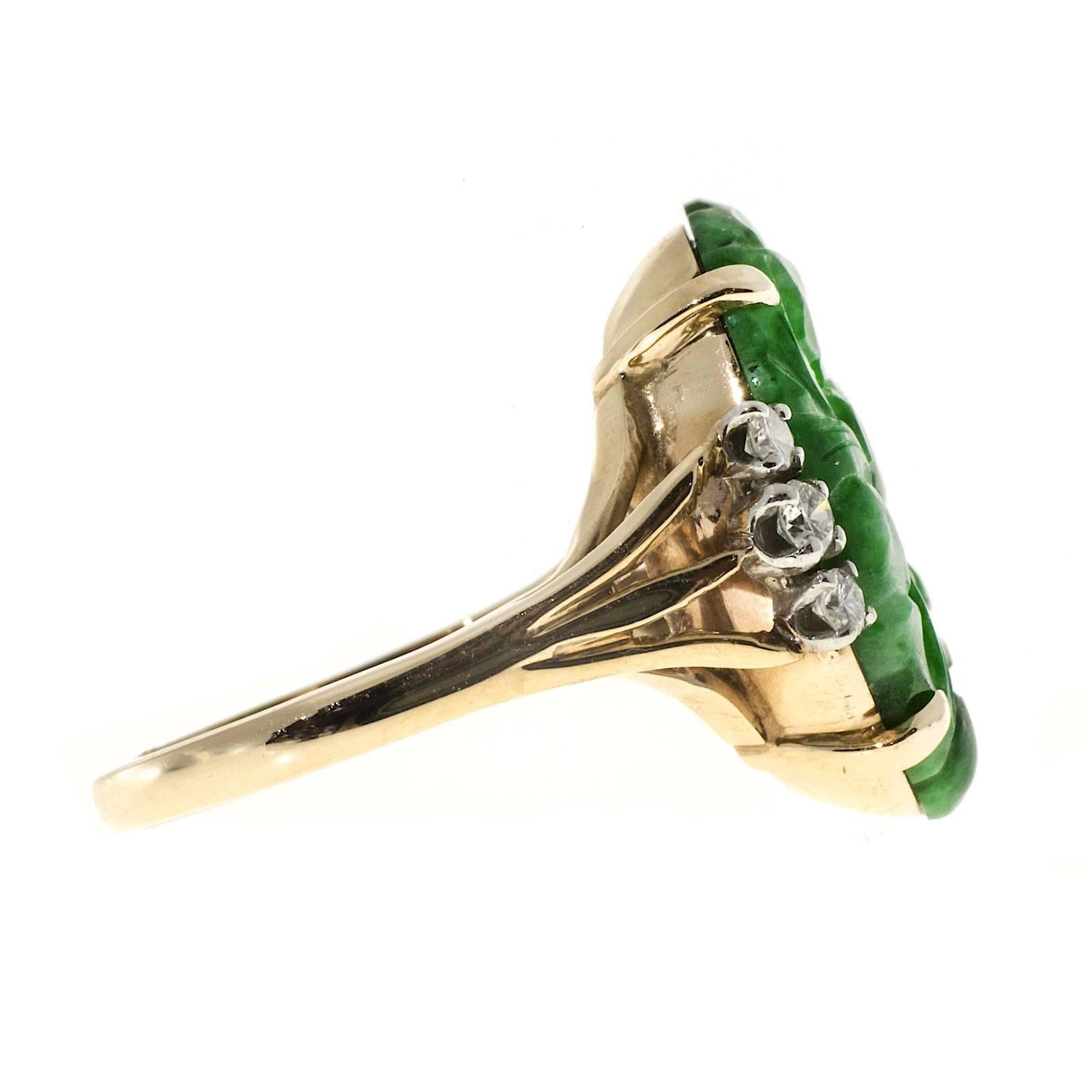 Mid-Century Carved Natural Green Jadeite Jade and Diamond Gold Ring 4