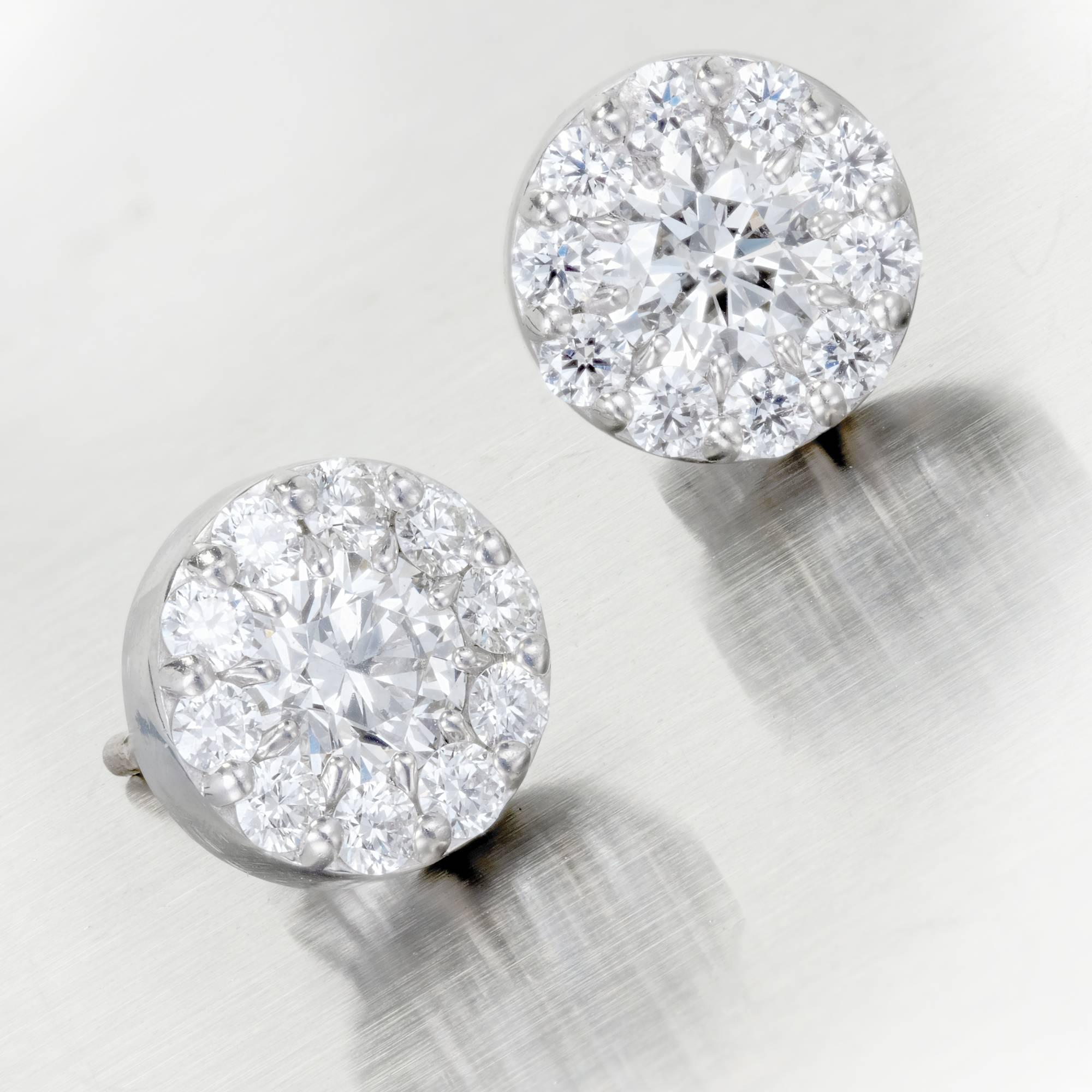 Round Cut 1.00 Carat Diamond Gold Halo Round Cluster Stud Earrings