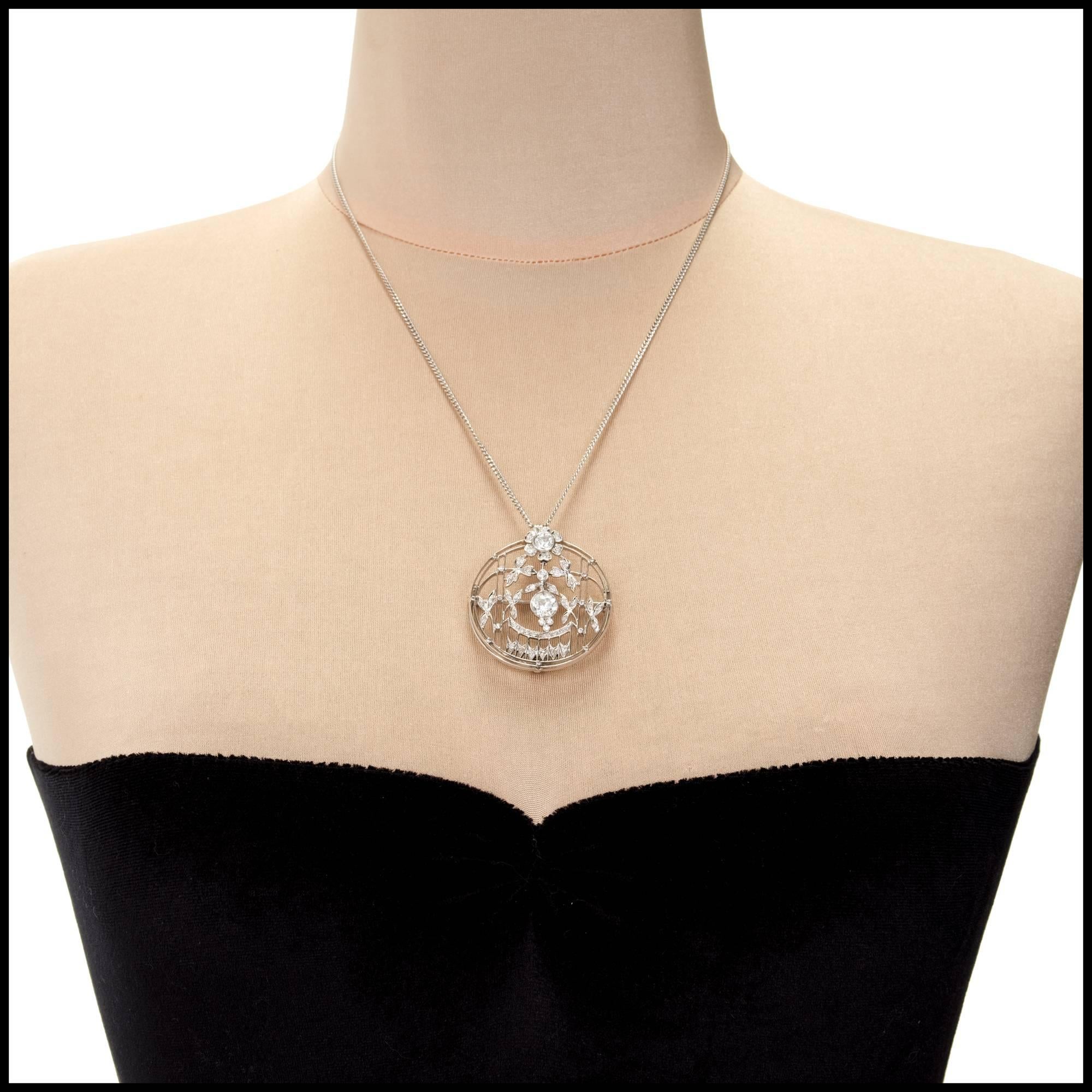 Women's 1.23 Carat Art Deco Diamond European Cut Platinum Gold Broche Pendant For Sale