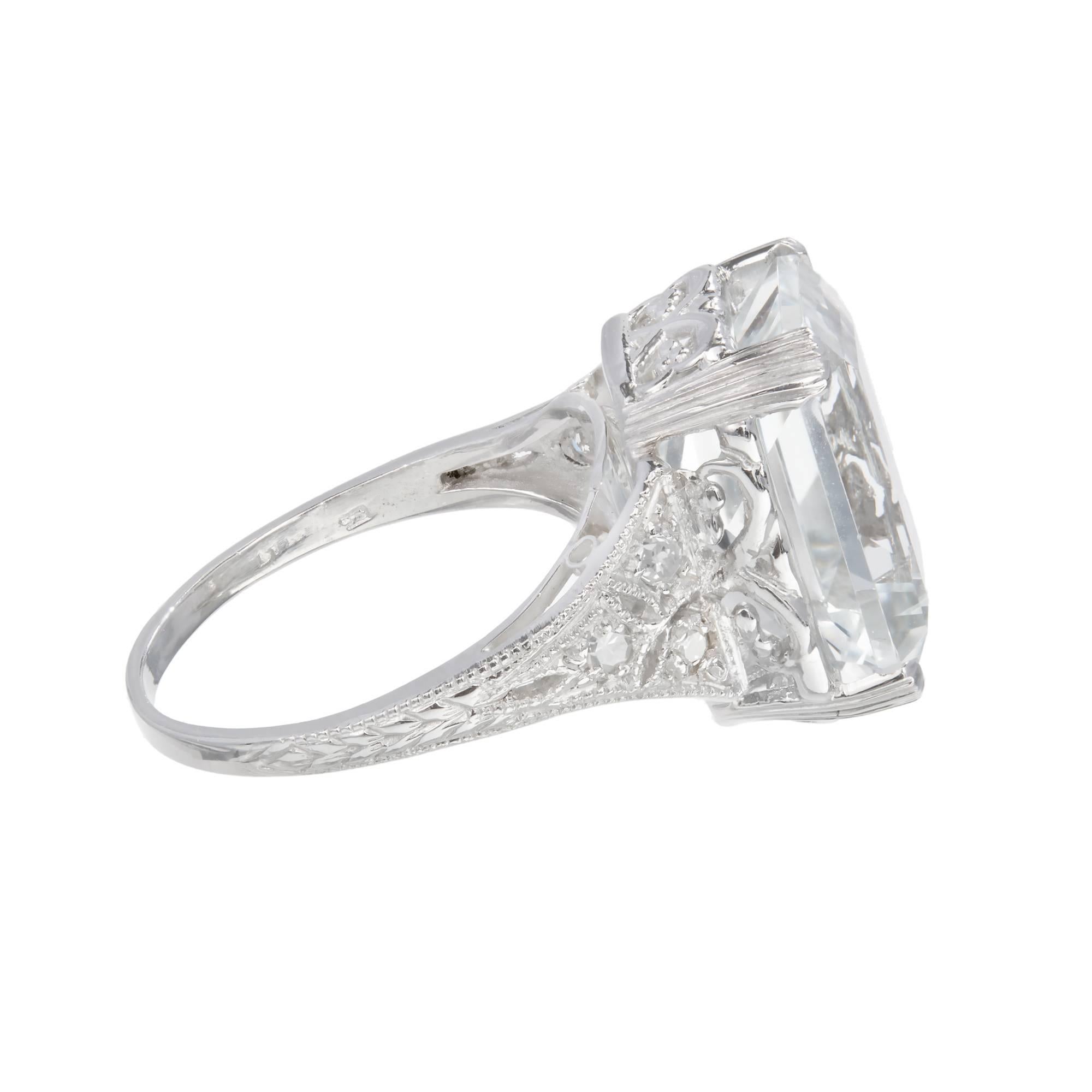Emerald Cut Art Deco Natural Aquamarine Diamond Platinum Ring