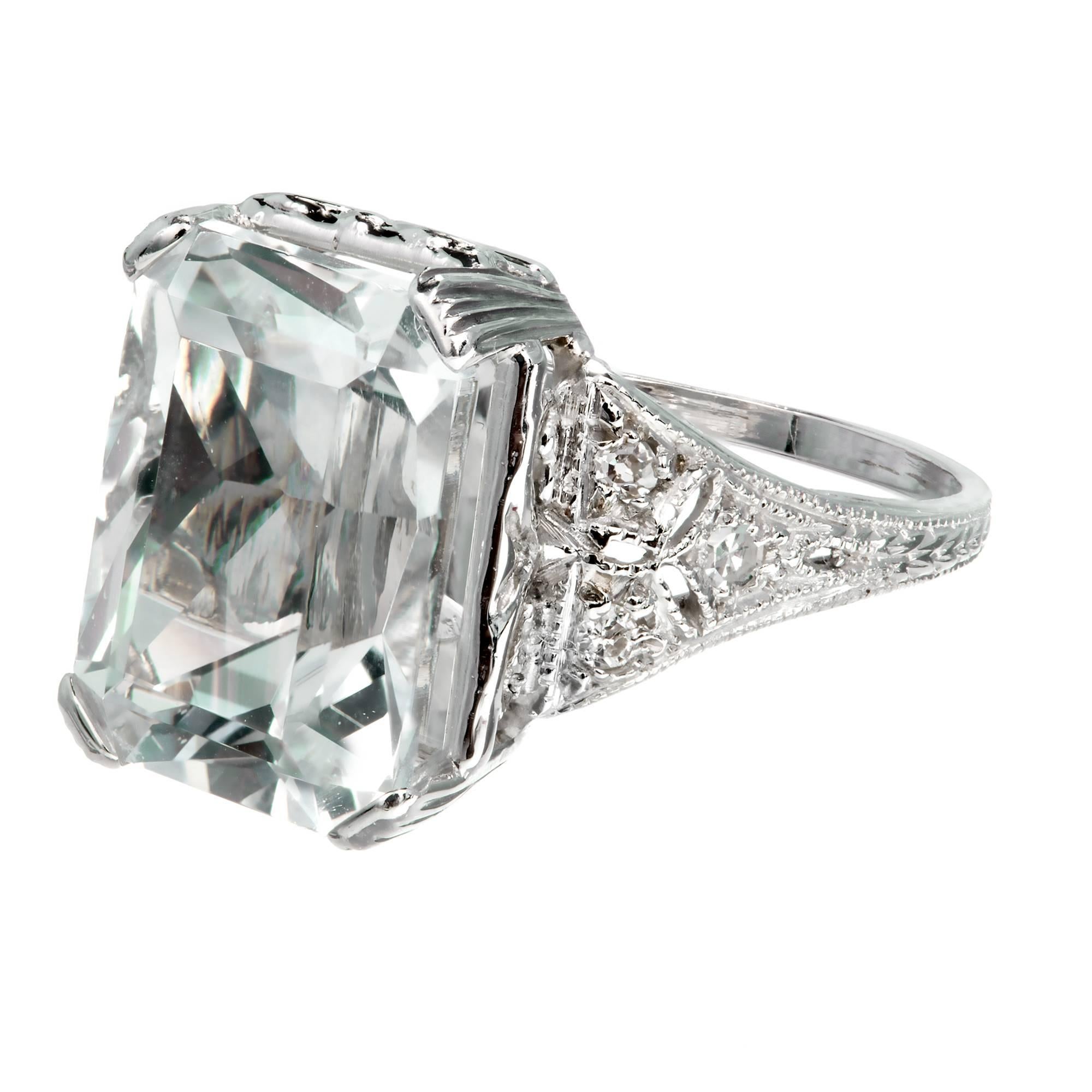 Art Deco Natural Aquamarine Diamond Platinum Ring