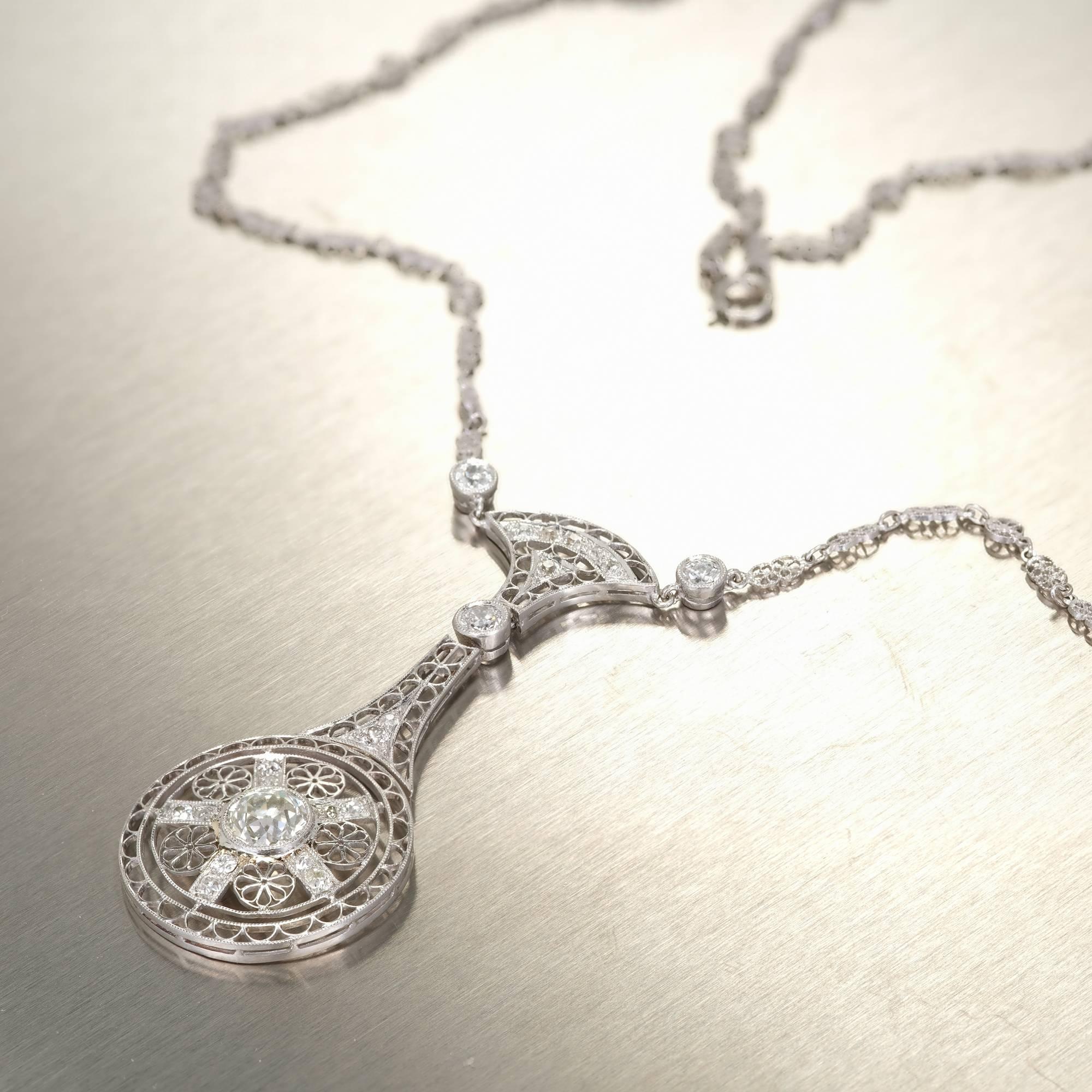 .99 Carat Old European Diamond Platinum Victorian  Filigree Pendant Necklace In Good Condition For Sale In Stamford, CT