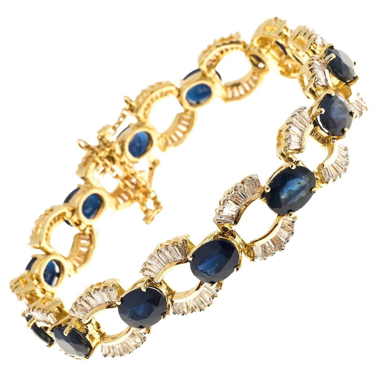 24,74 Carati Zaffiro ovale Baguette Diamante Bracciale d'oro A Link In condizioni buone in vendita a Stamford, CT