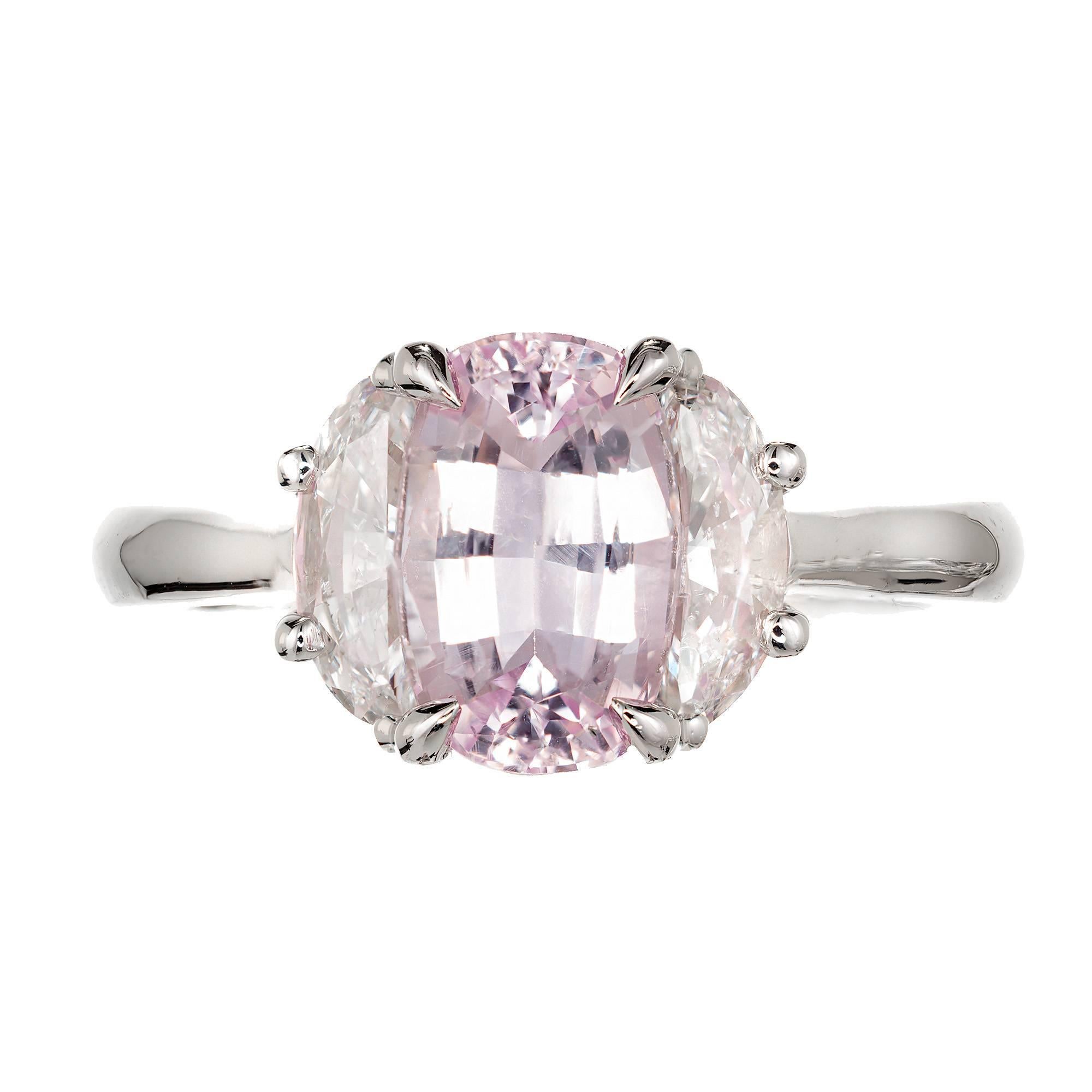 GIA Certified Natural no heat light pink cushion cut fancy color Sapphire matched with two half-moon cut diamonds. Handmade platinum three-stone engagement ring setting. 

One 2.24ct cushion cut natural corundum rare light pink Sapphire, no heat and