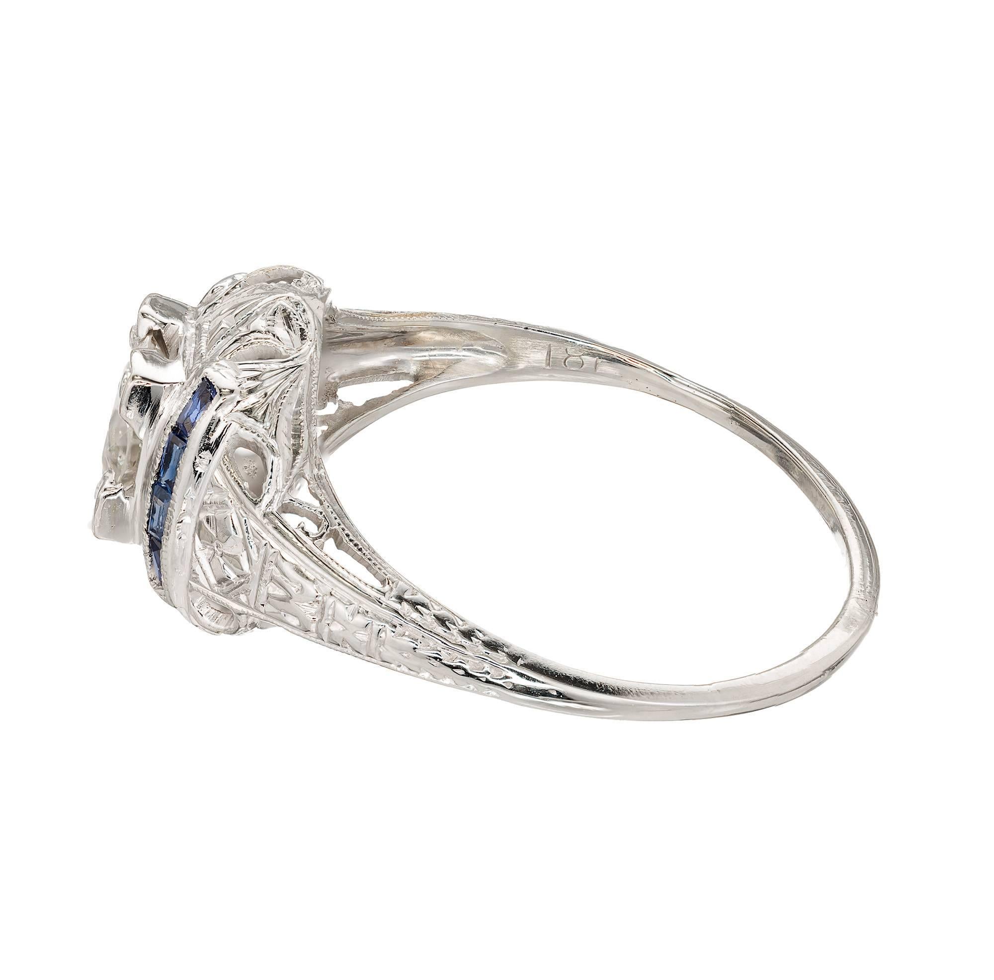Women's .76 Carat Diamond Sapphire Domed Engraved Filigree Art Deco Gold Engagement Ring