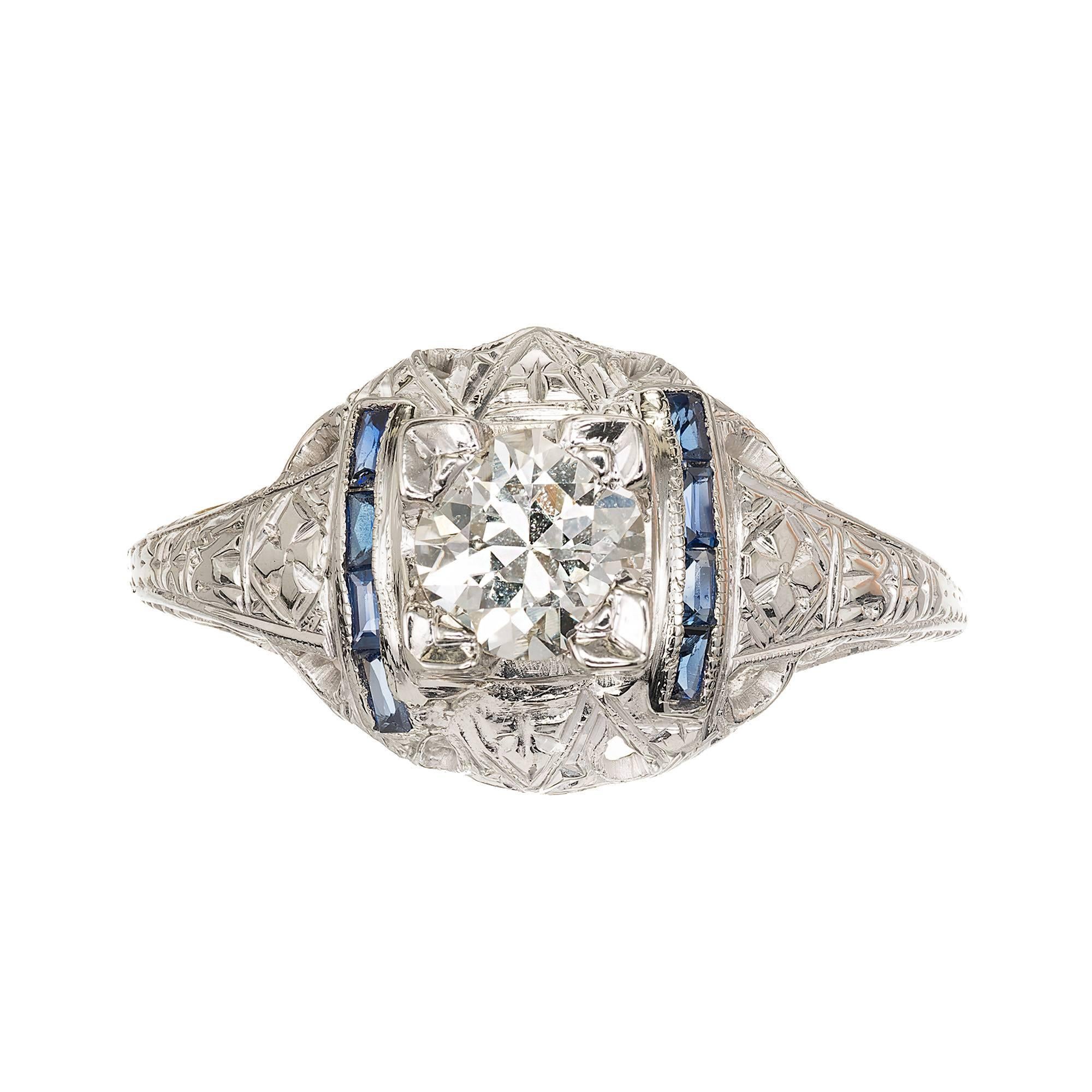 .76 Carat Diamond Sapphire Domed Engraved Filigree Art Deco Gold Engagement Ring