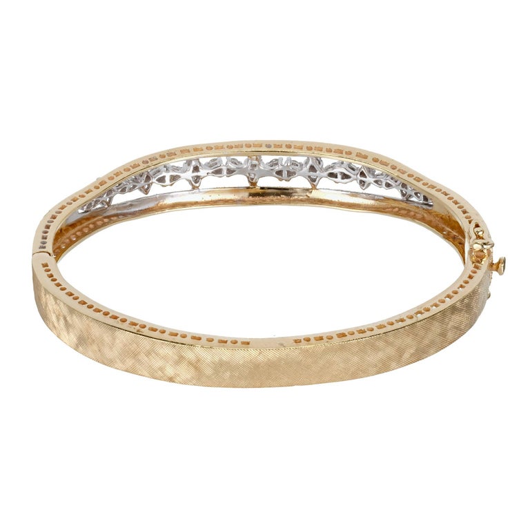 .98 Carat Diamond Mid-Century Solid Gold Hand Florentined Bangle Bracelet For Sale at 1stdibs